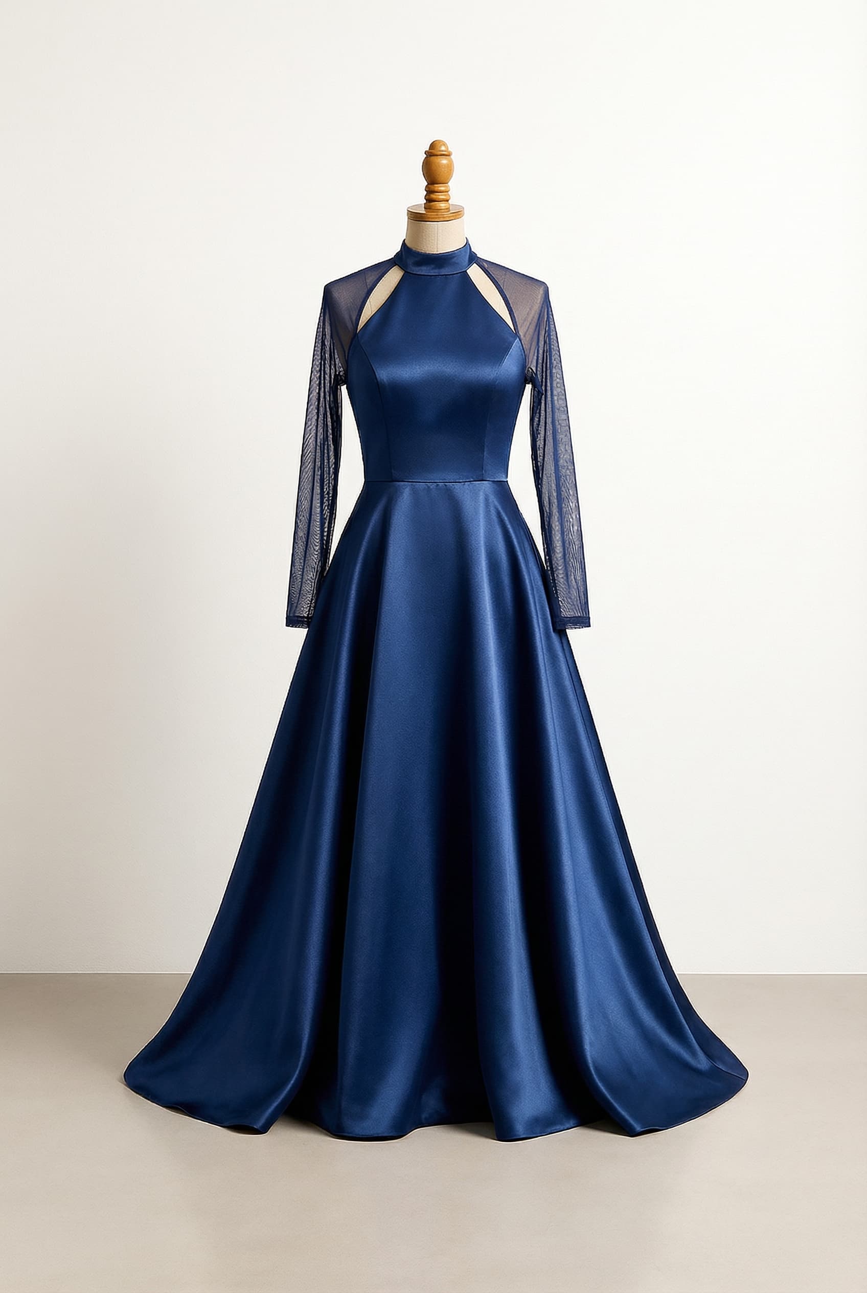 Modest prom dress with a halter neckline mesh over the bust and slightly lower