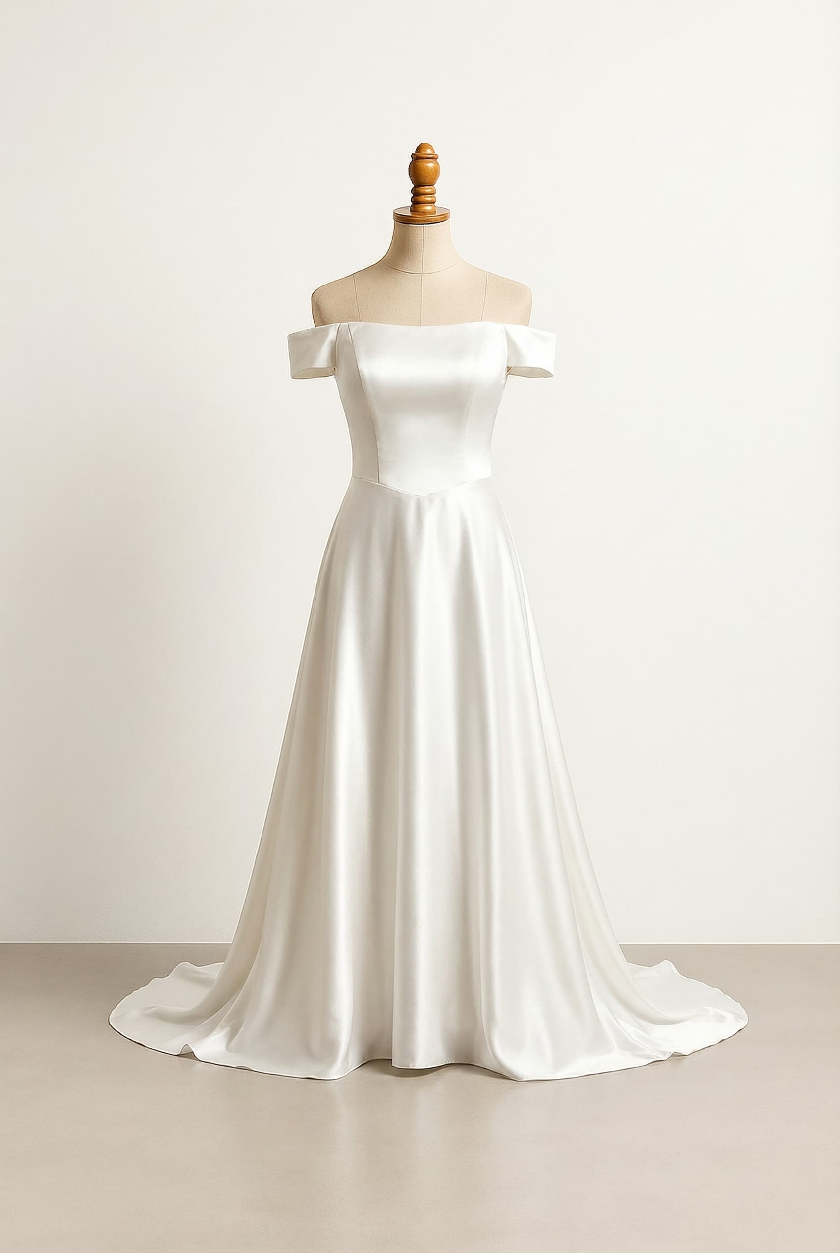 Off-shoulder dress made of satin fabric with an A-line skirt that is close to the body and a basque waistline floor length with a chapel train No sleeves