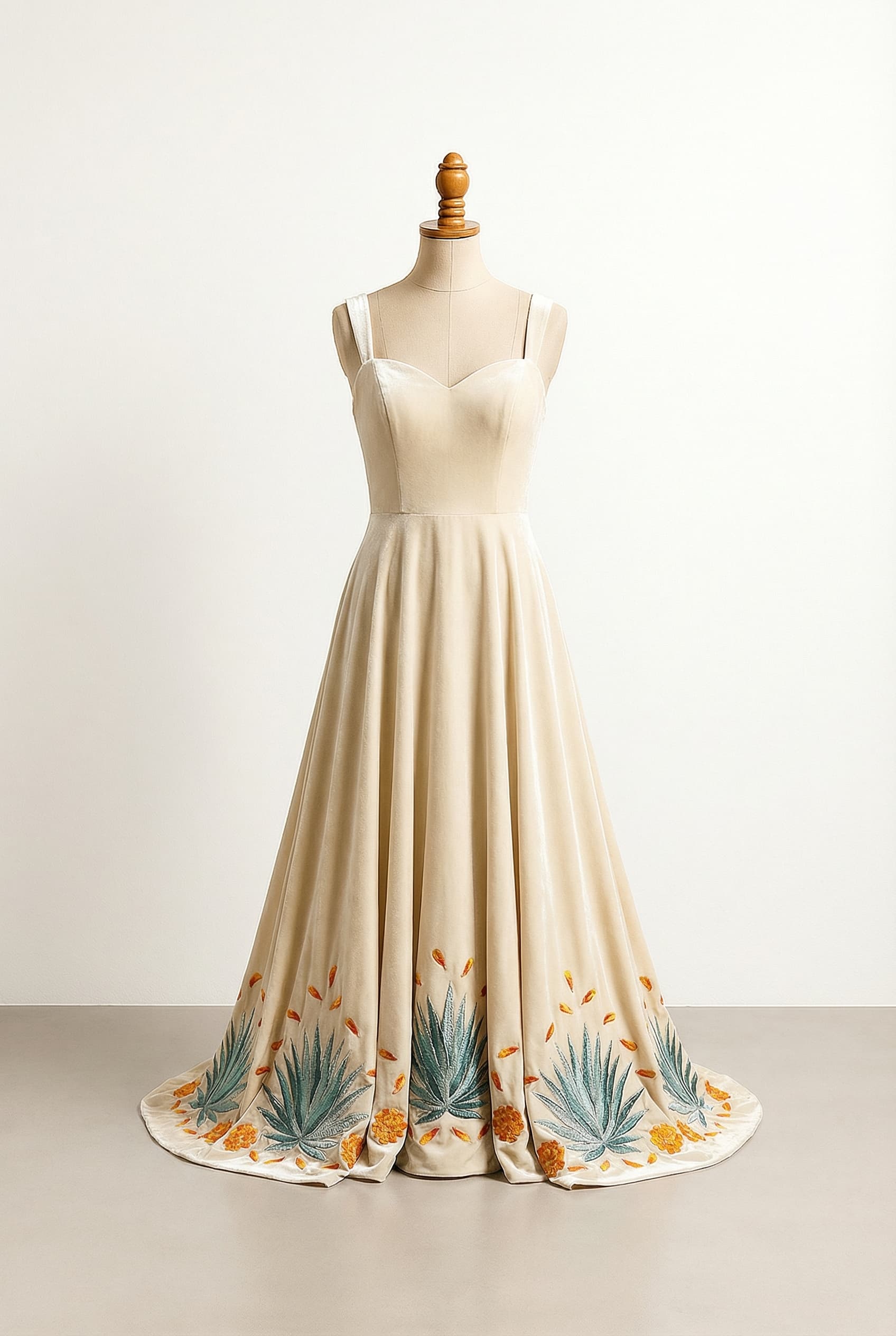 A romantic wedding dress with elegant details, featuring a sweetheart neckline, thick support straps, made from velvet fabric, with a soft, flowing skirt, bluish green agave plant embroidery with silver accents on the bottom edges, and orange marigold petals mixed in with the agave plants.