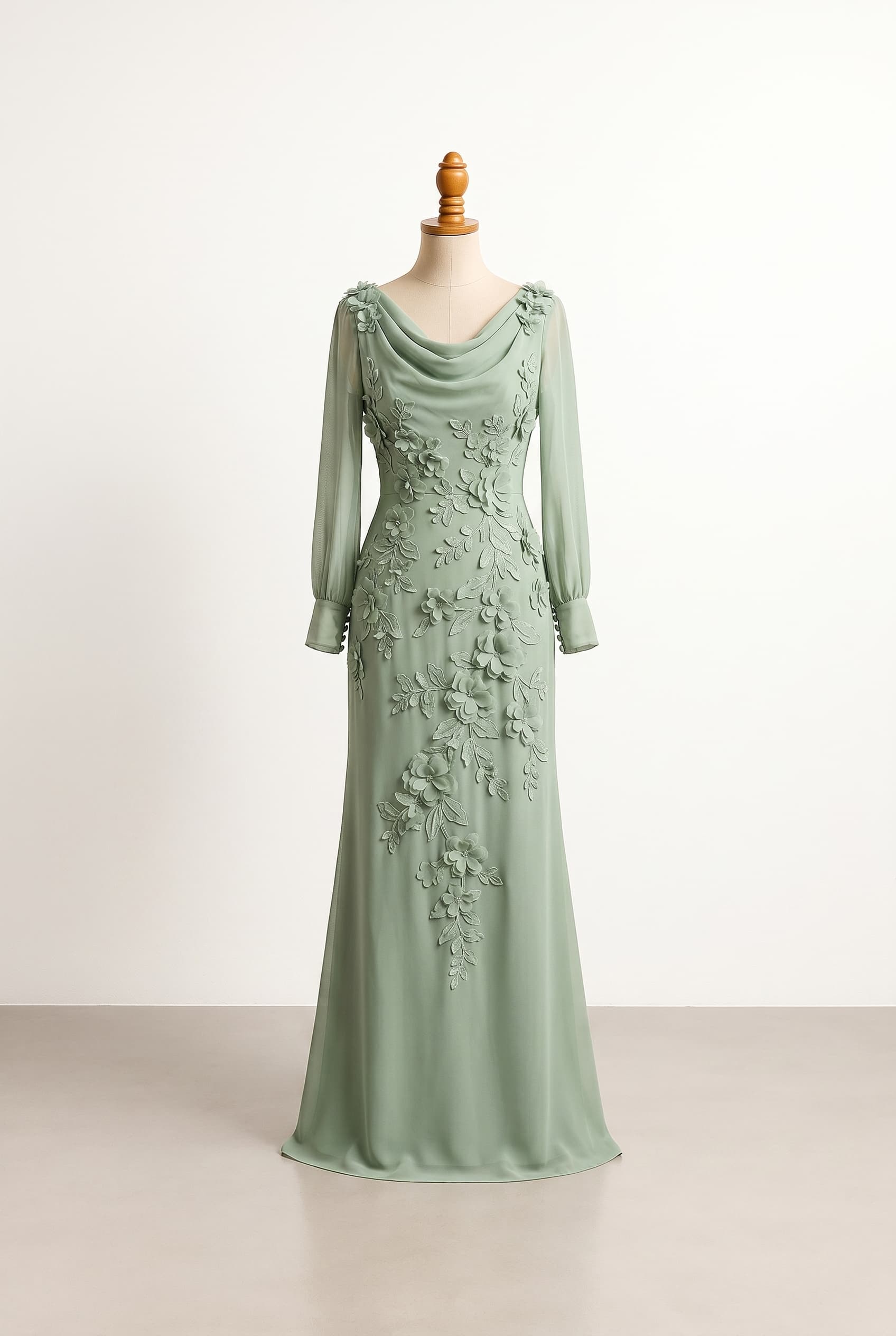 Balanced formal dress in Sage Green floor length chiffon fabric 34 length sleeves with delicate fabric-covered button cuffs cowl neckline 3D floral design in chiffon with variations in size dispersed as they reach the waist with no slits