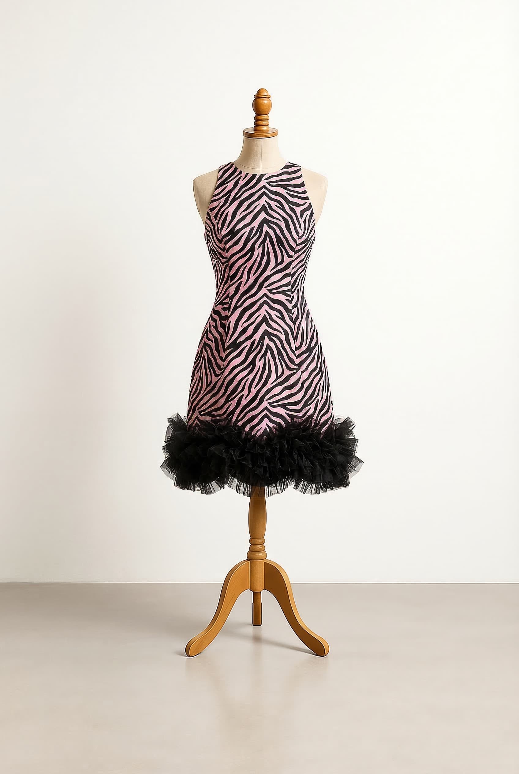 I want a balanced prom dress pink and black zebra print not really long High neckline with short length and a frilly black material bunched up at the bottom