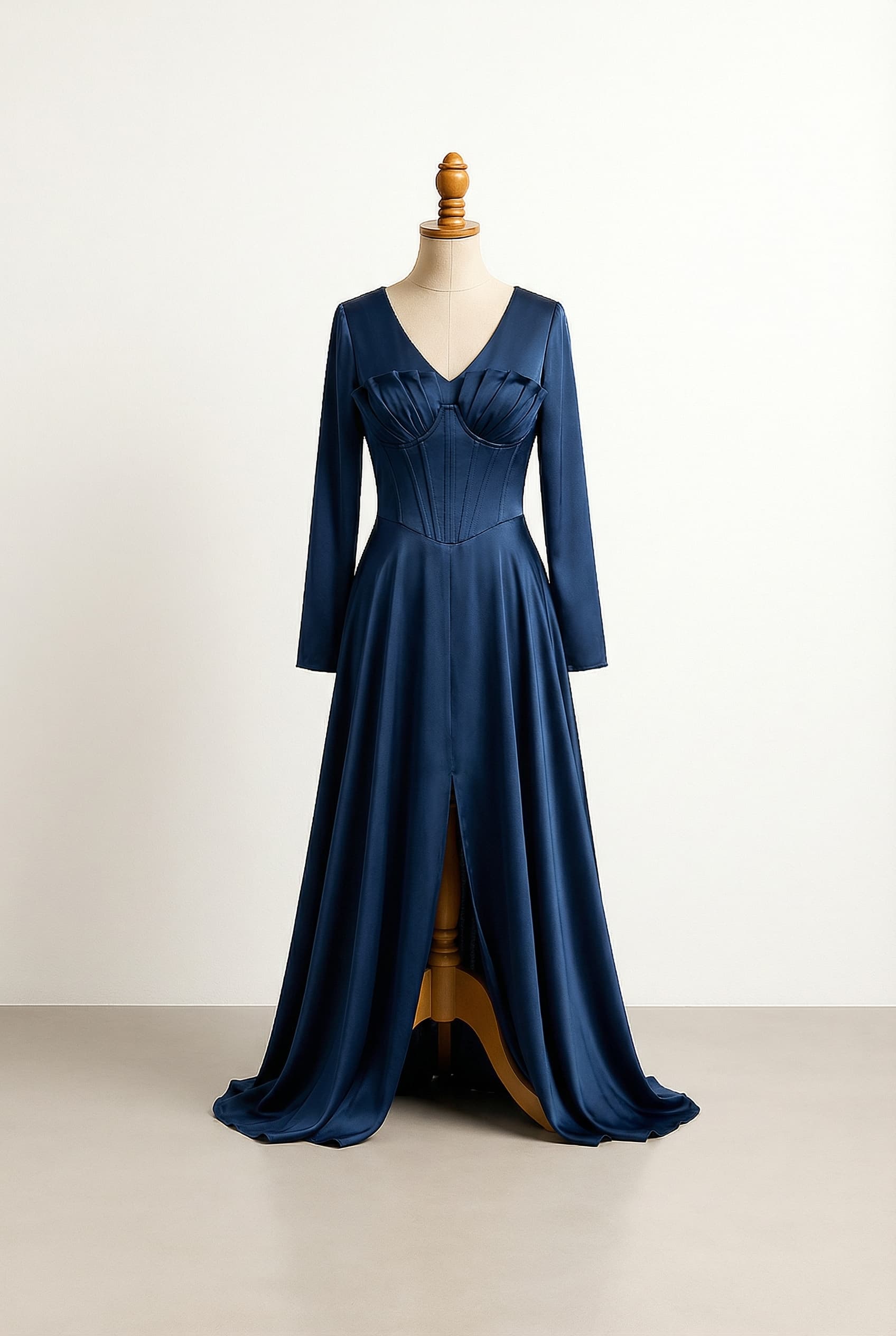 Deep navy blue flowy robe-like dress with hidden clasps, draping from the waist with a bit of volume, featuring a built-in corset and pleats at the top of the corset, falling slightly over its edge.