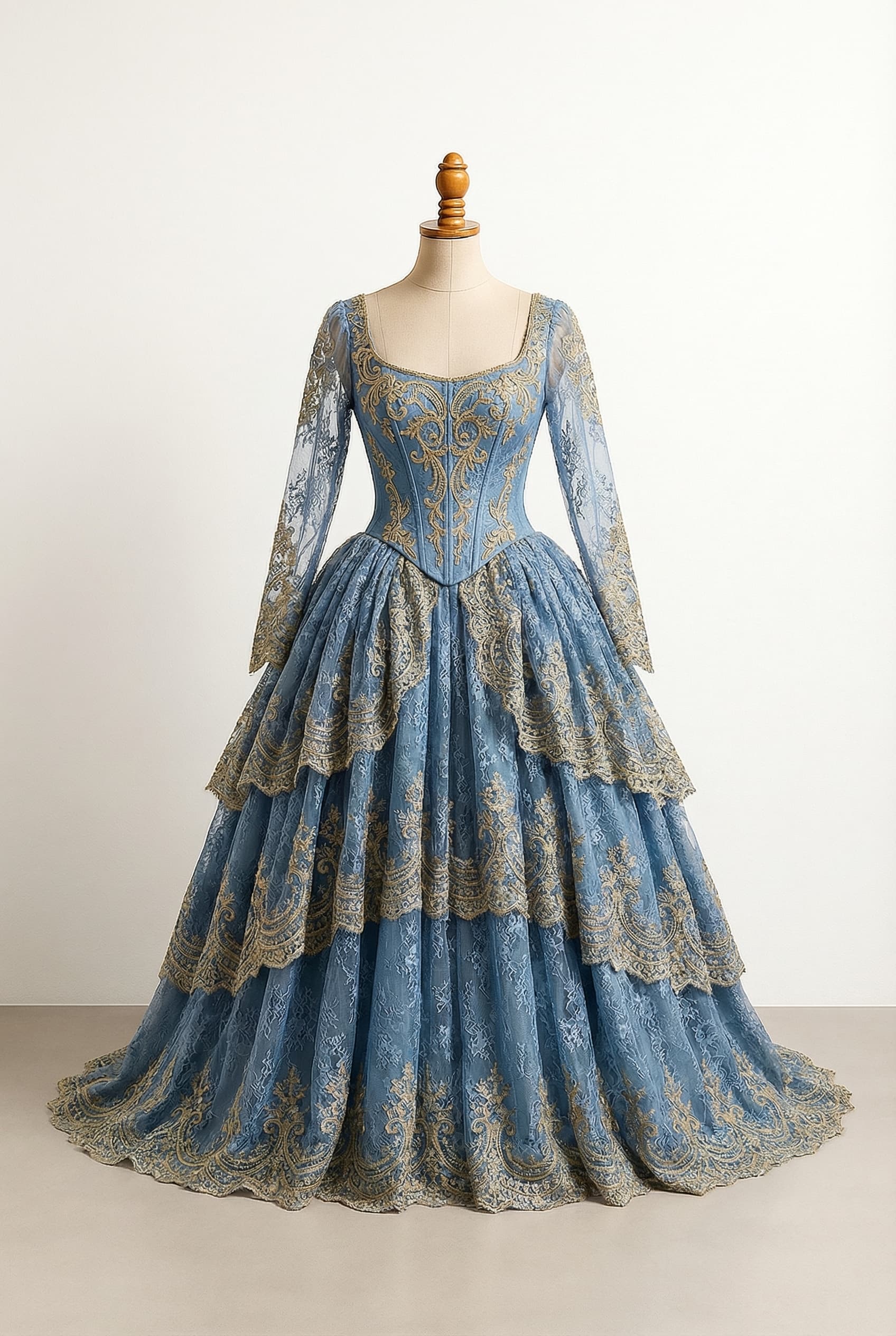 Elegant style with lower neckline or strapless options. Rococo gown with blue corset, lace sleeves, layered skirt, gold embroidery