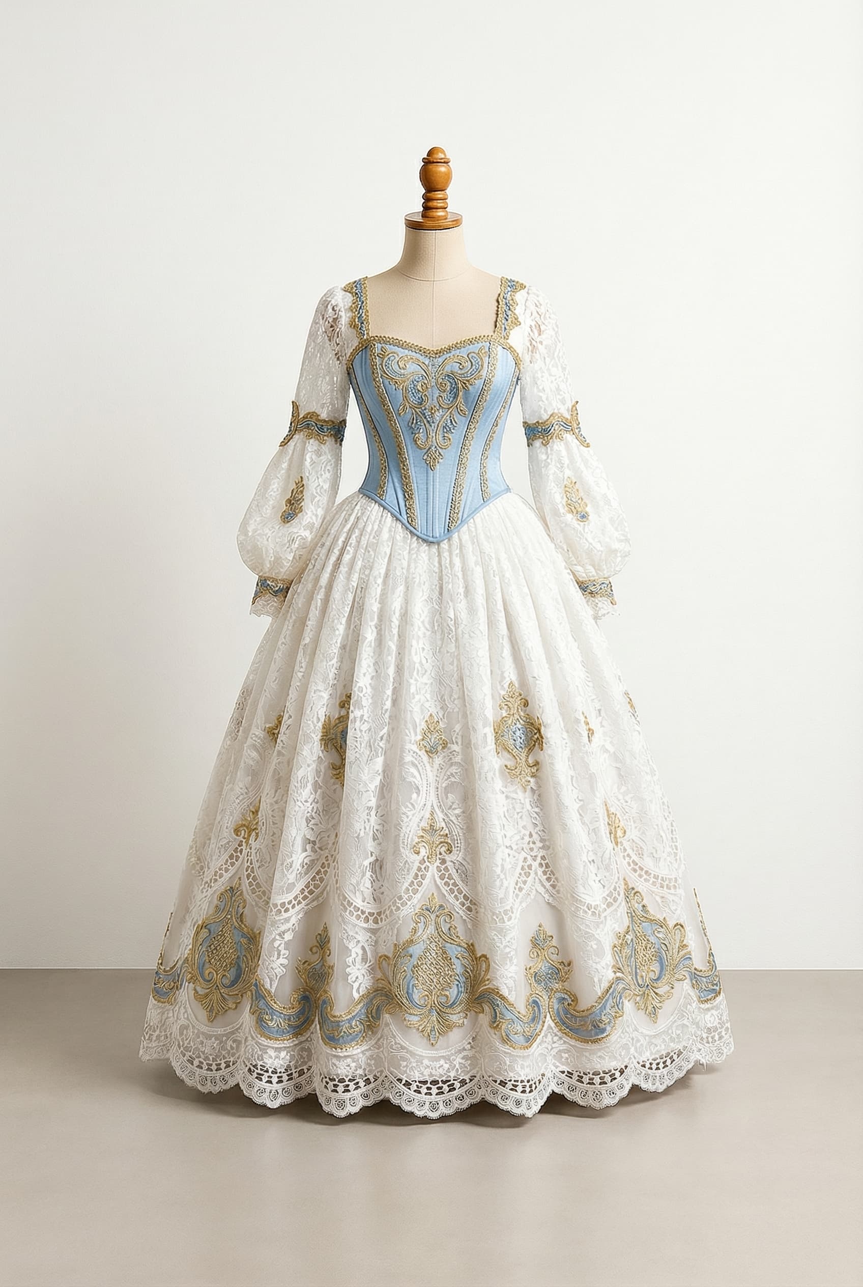White Rococo style dress with gold and blue details, a corset bodice in light blue, and long sleeves starting mid-shoulder. Sleeves made of sheer fabric from the elbow down. Skirt is not voluminous.