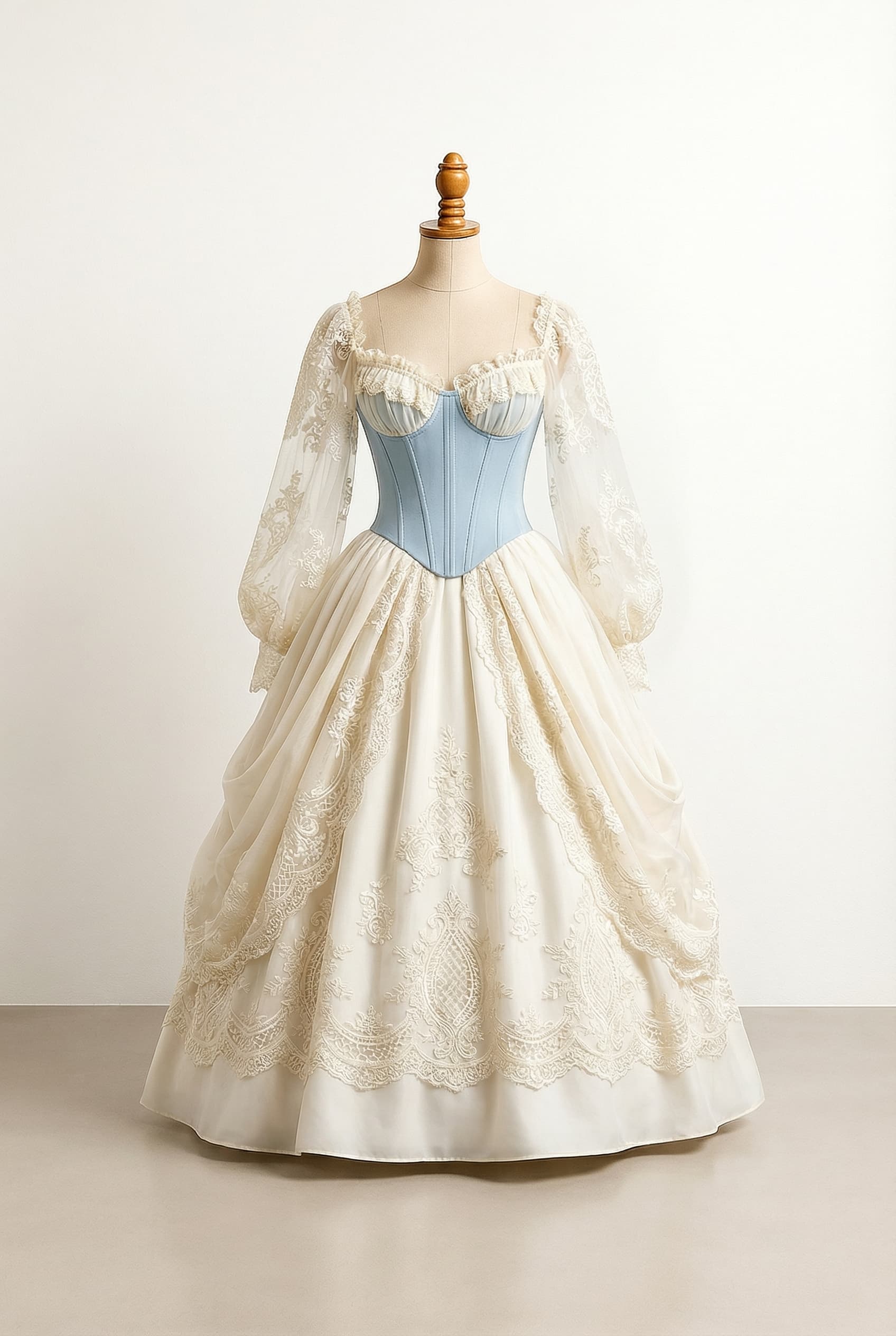 Rococo-style Quinceañera gown with a structured corset bodice in pastel blue, sweetheart neckline with gathered ivory lace trim, long sheer voluminous sleeves starting slightly off the shoulder with lace detailing, and a full ball gown silhouette with an ivory base skirt with intricate lace embroidery and draped panels, gold embroidery, layered skirt