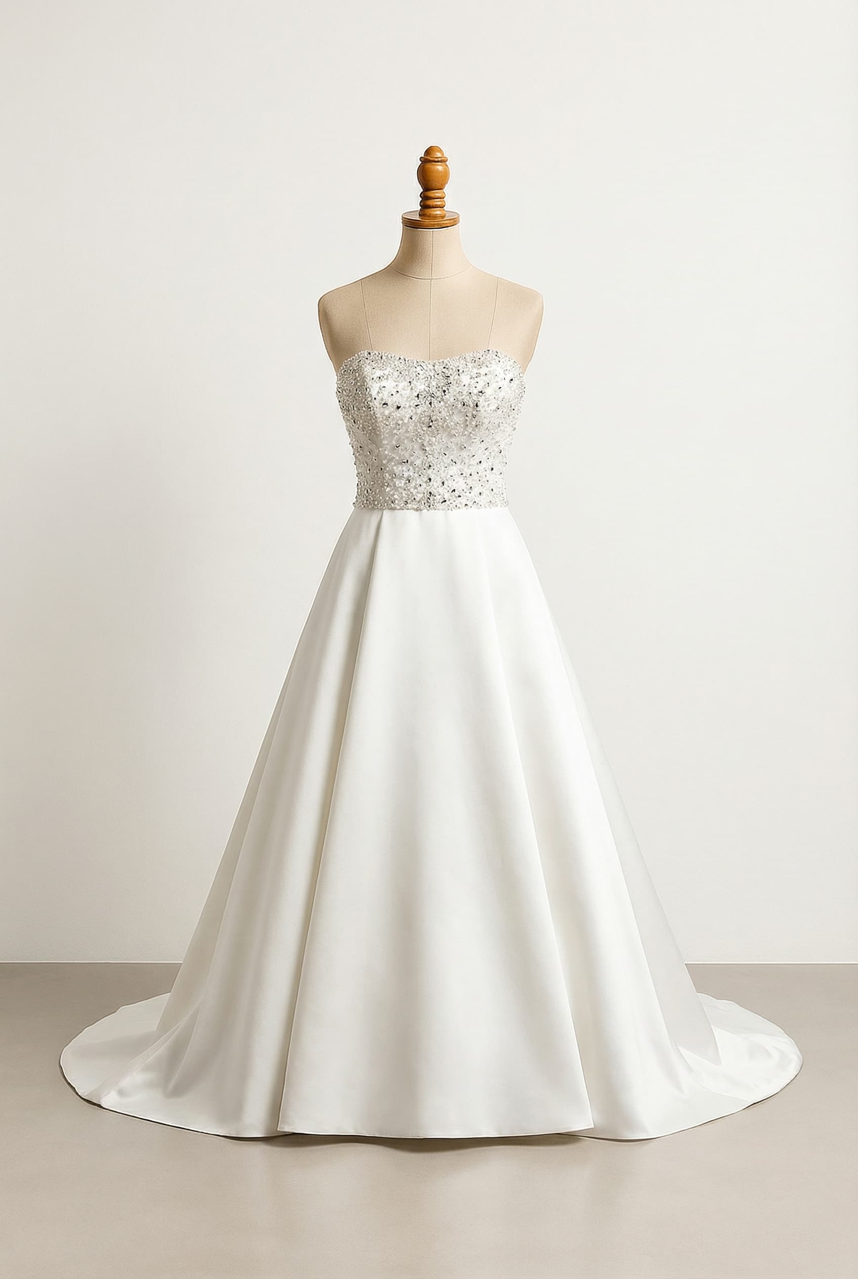 I want a balanced wedding dress with a sparkly bodice, Timeless grace. White, Chapel - Slight train (1-2 feet past feet). Sleeveless, Strapless neckline. Cinched waist. A-Line silhouette. Satin fabric. Fitted bodice, flares out from the waist. Satin bodice. White. Scoop neckline. Fitted, lace long sleeve.