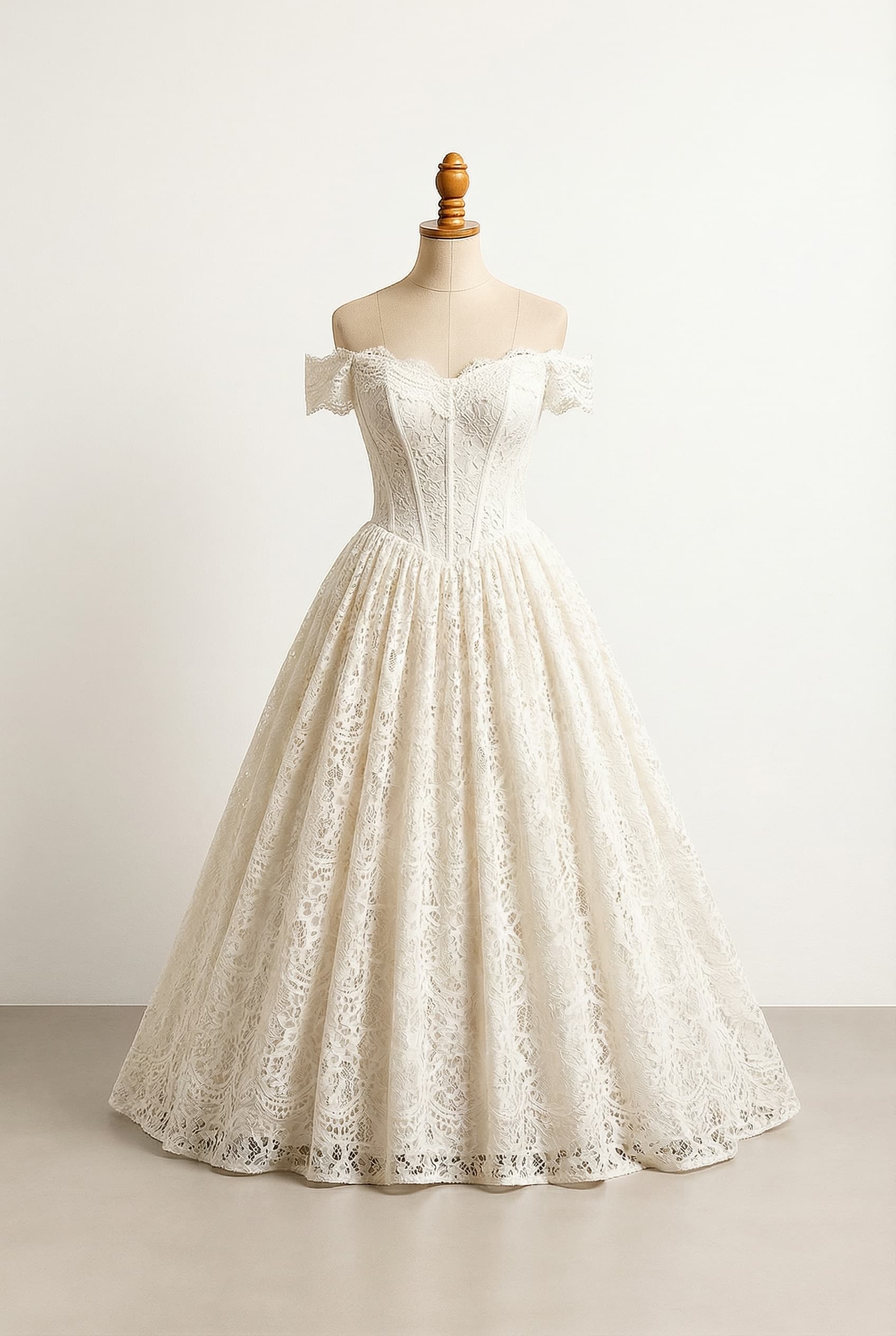 Princess dress with corset bodice full skirt off the shoulder and lace trim on the chest