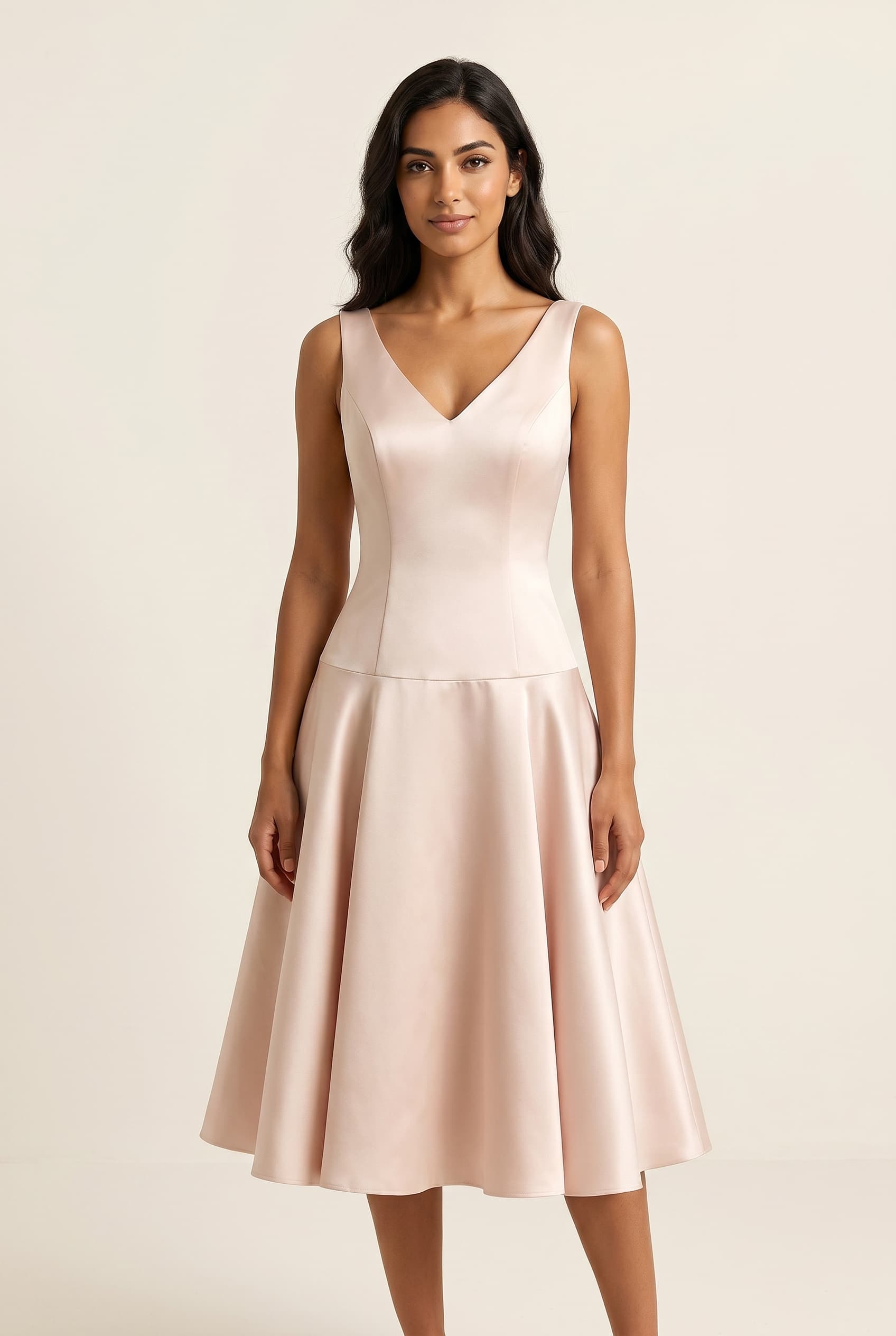 The Isabella Knee V-Neck worn by a model