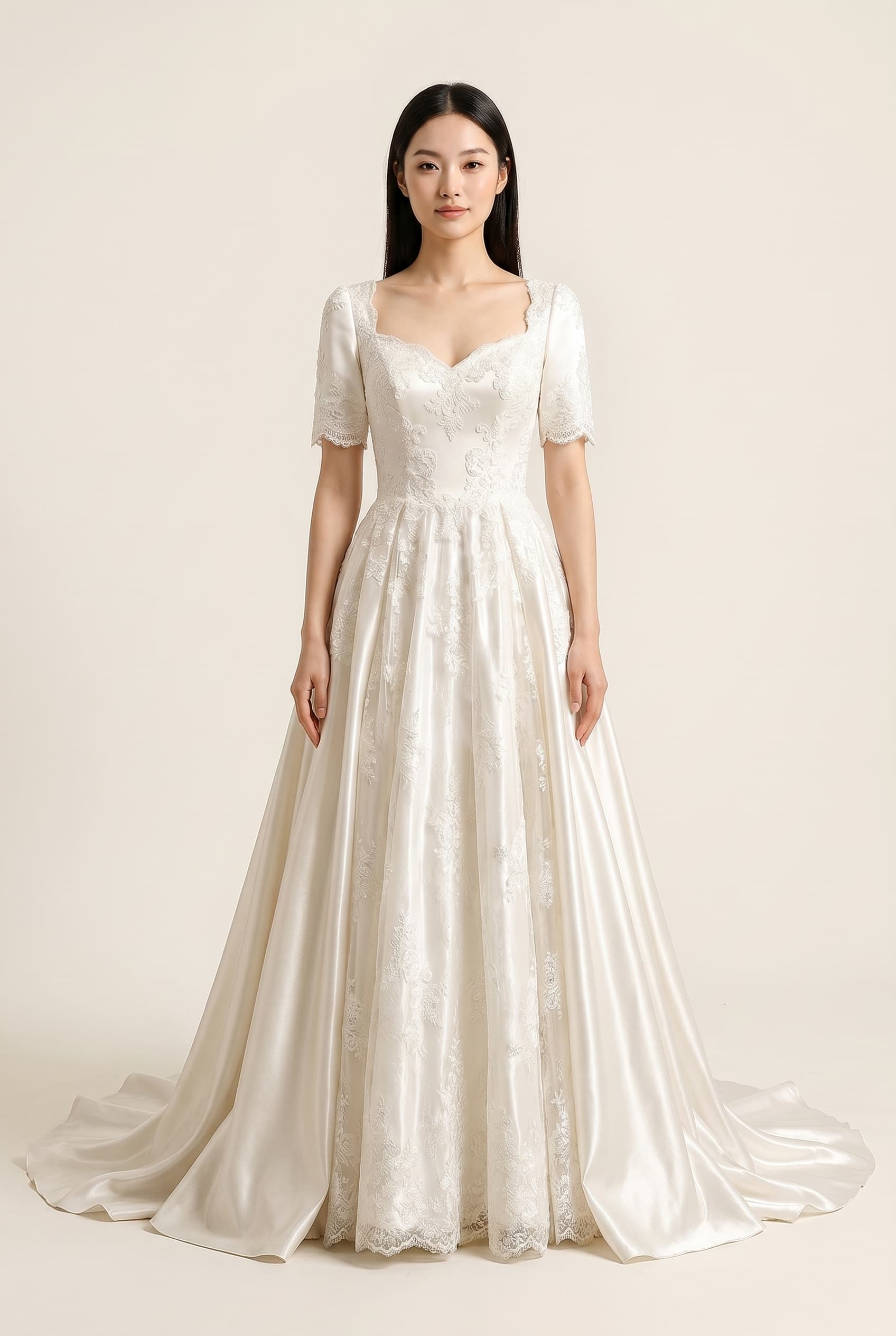 The Anastasia Sweetheart Duchess Satin worn by a model