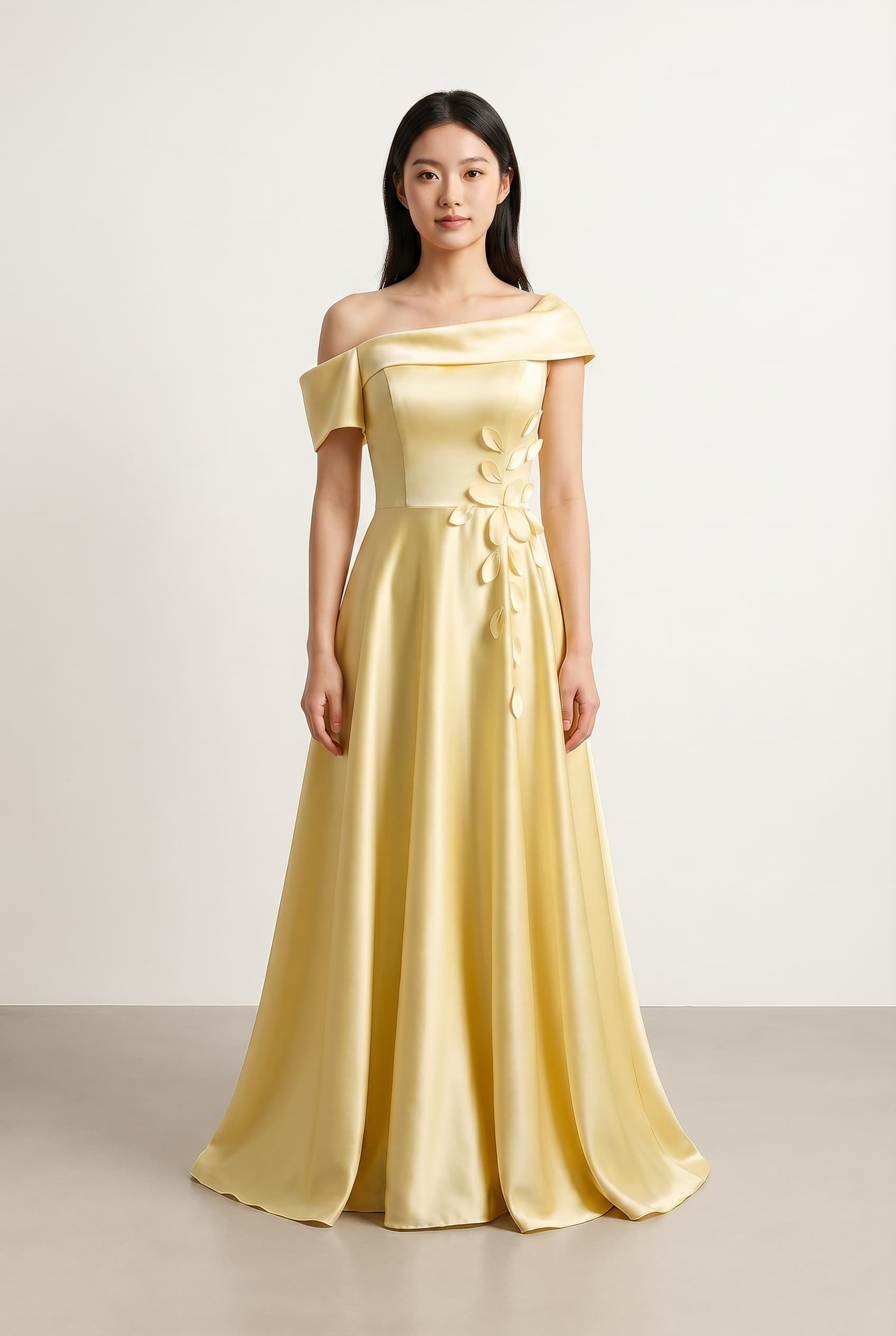 The Celestia Asymmetric Silk worn by a model