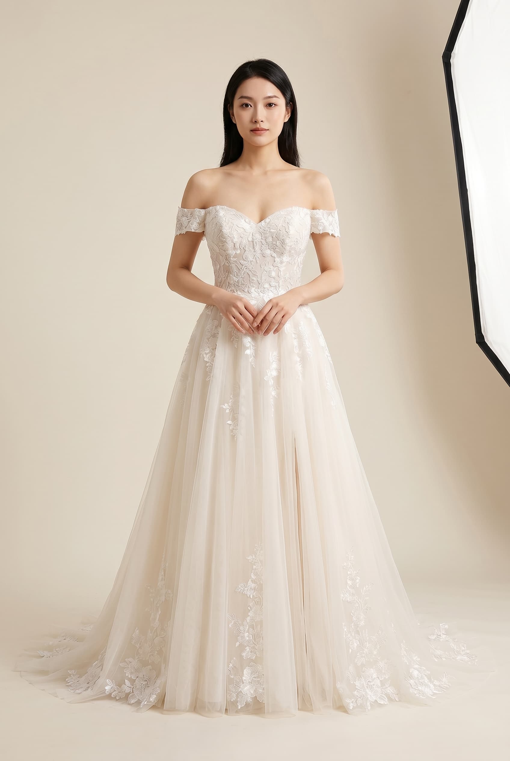 The Ophelia Lace Tulle Slit worn by a model