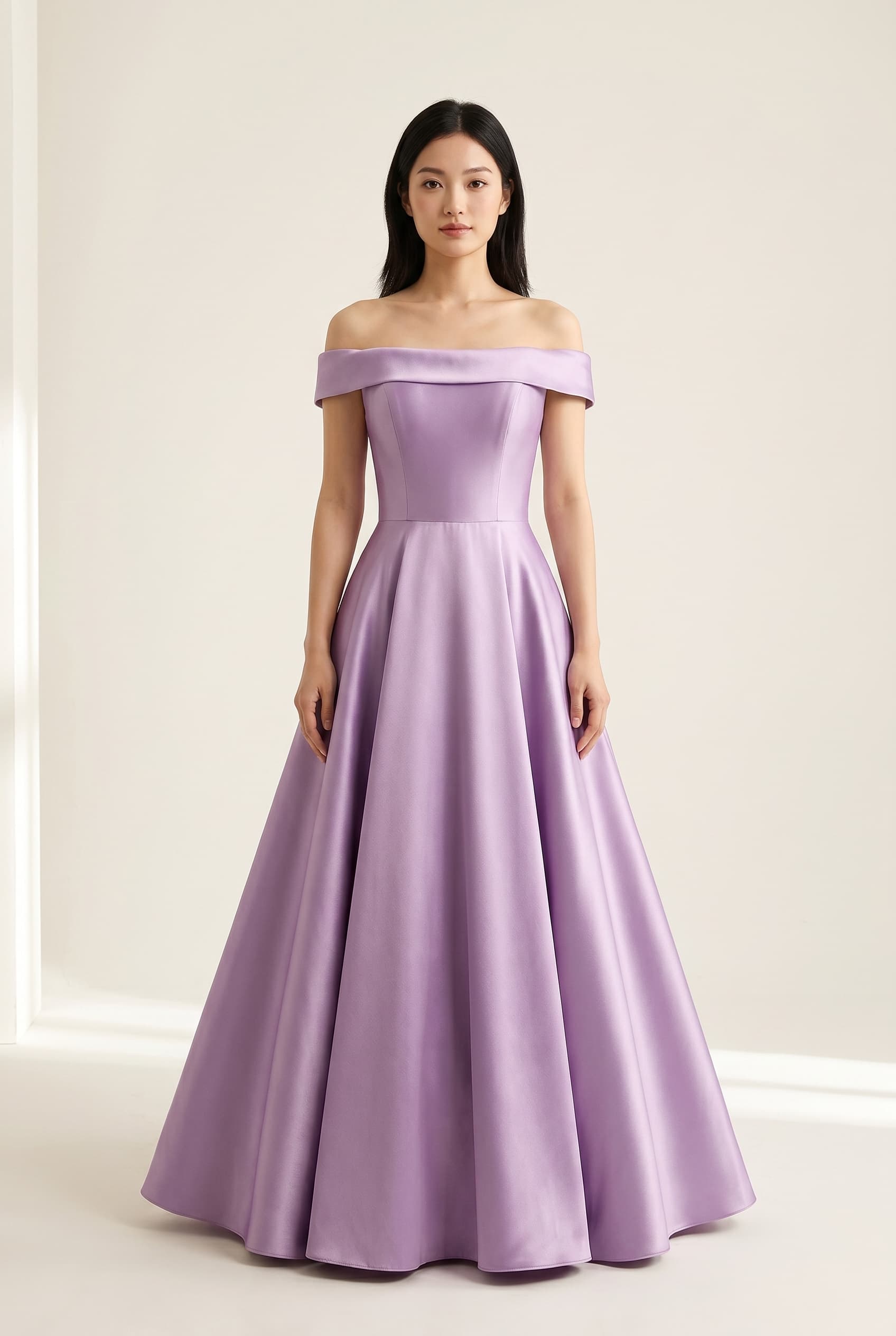 The Celestia Off-Shoulder Duchess Satin worn by a model
