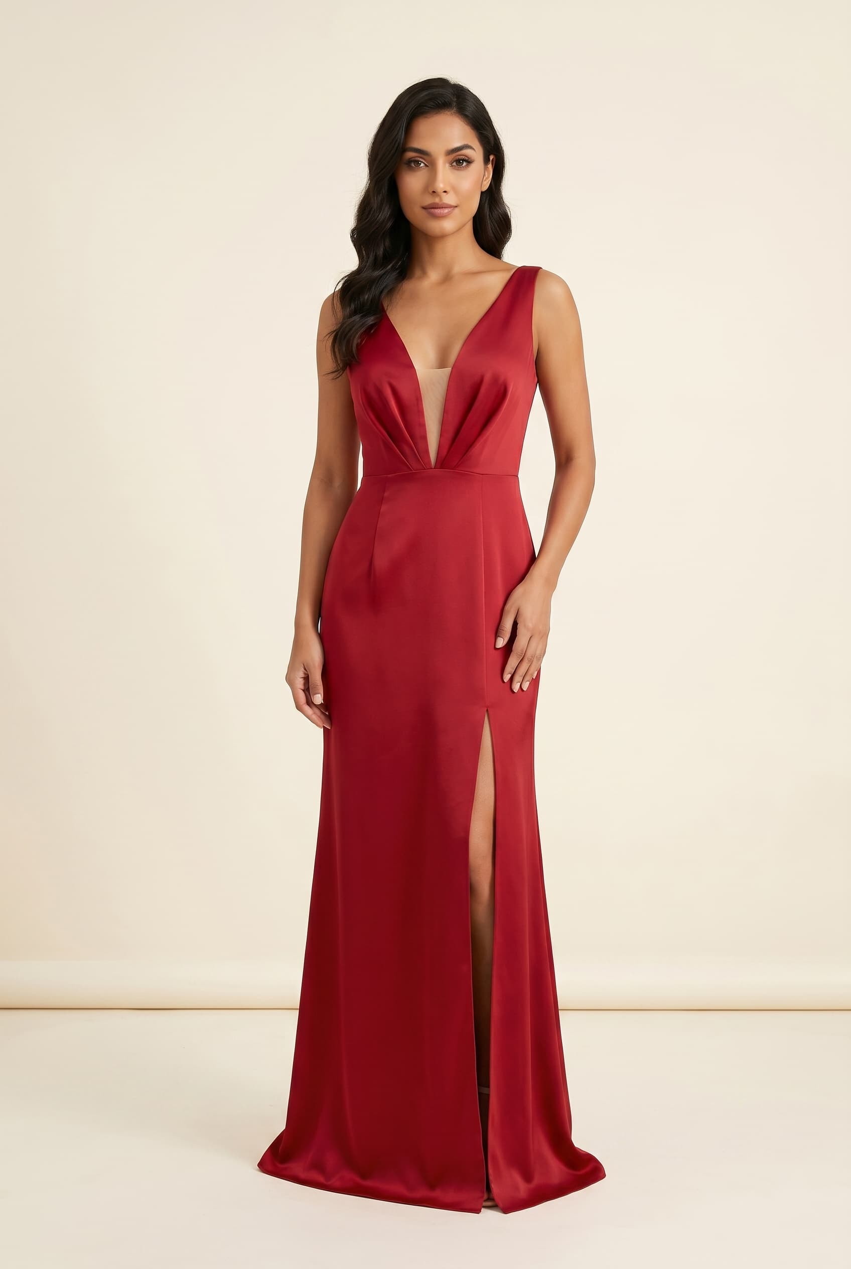 The Seraphina Satin Plunge worn by a model