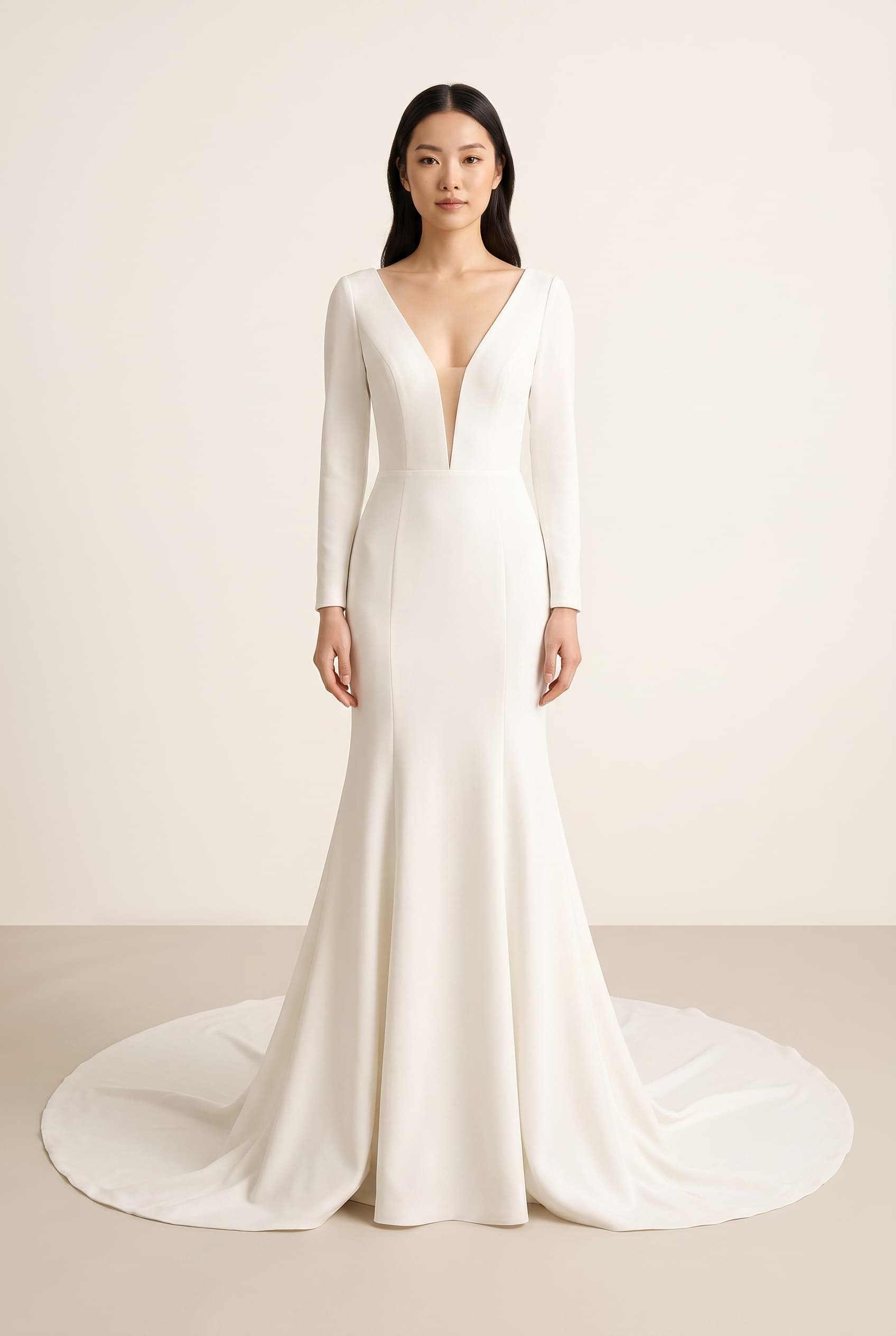 The Celestia Arctic White Plunge Sequin Wedding worn by a model