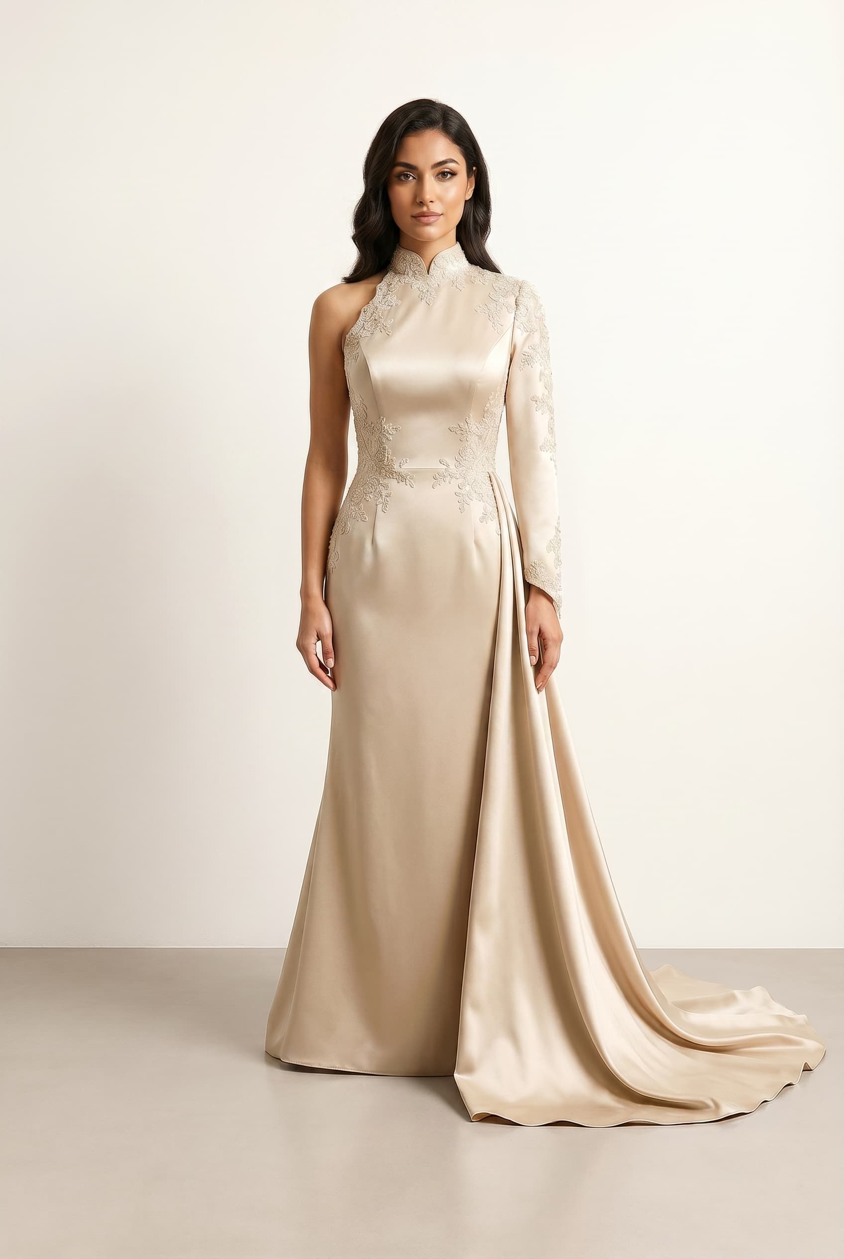 The Isabella Duchess Asymmetric worn by a model