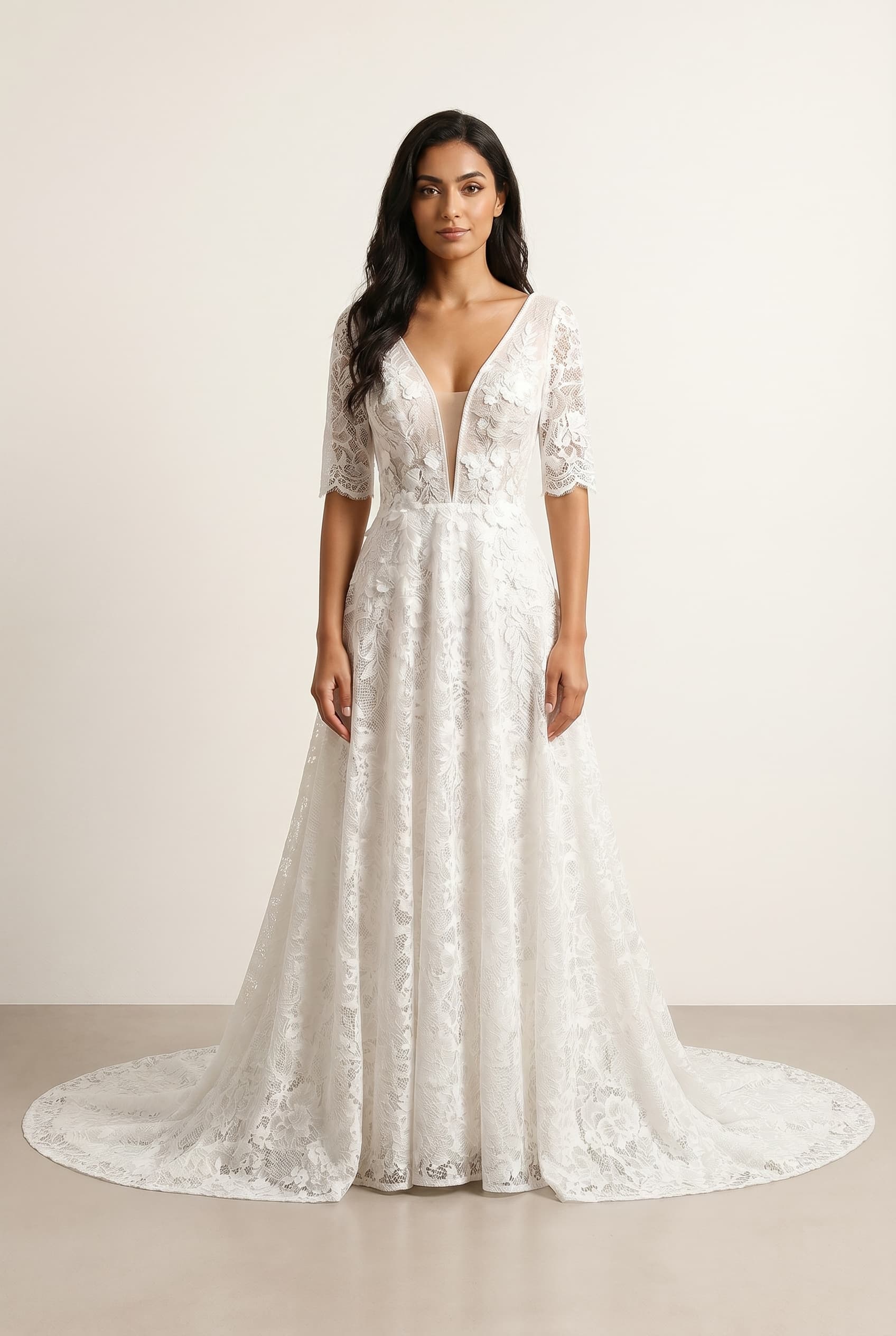 The Seraphina Royal Lace Plunge worn by a model