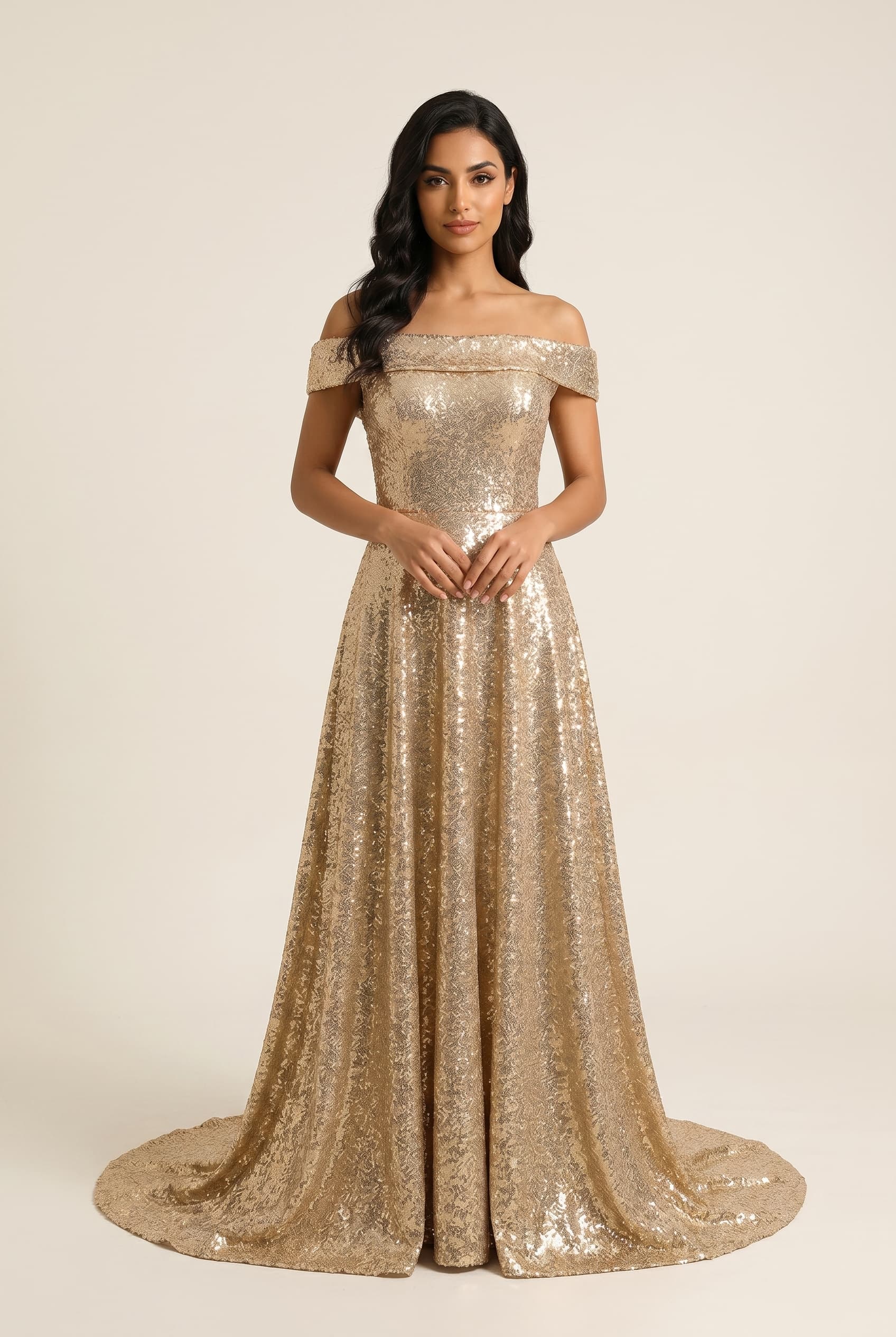 The Celestia Ivory Off-Shoulder worn by a model