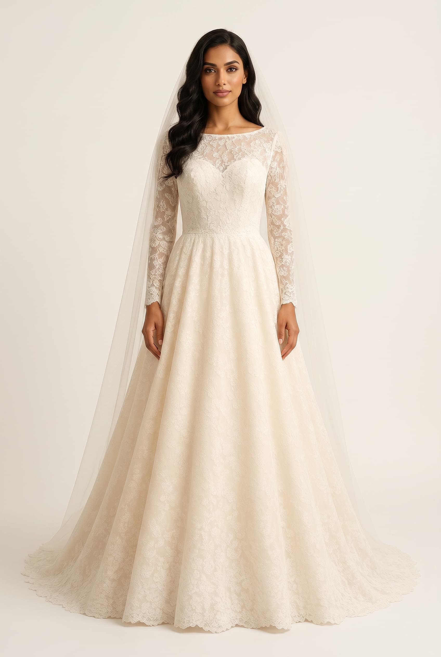 The Celestia Blush-Ivory Lace Ballgown worn by a model