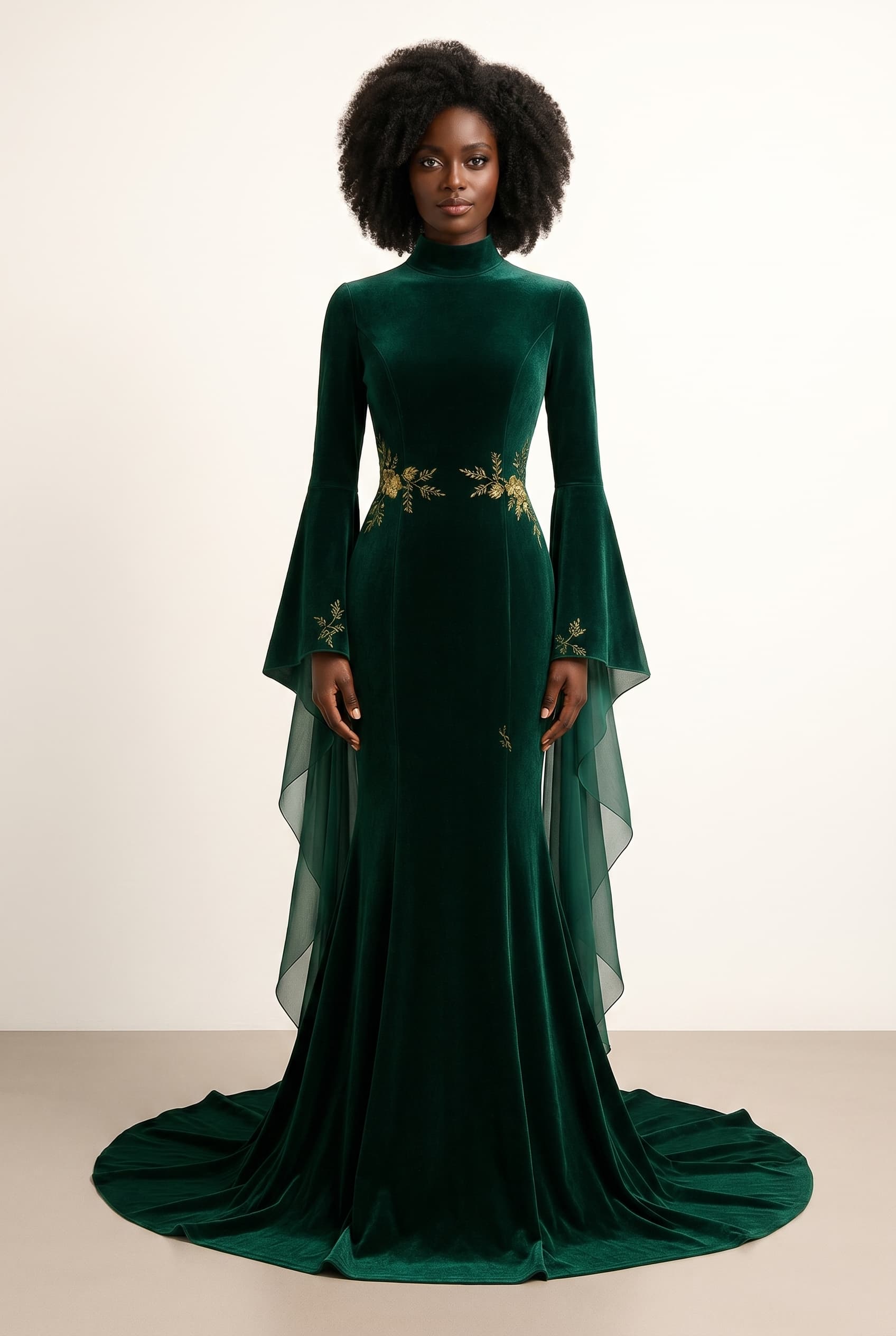 The Genevieve Emerald Velvet Gown worn by a model