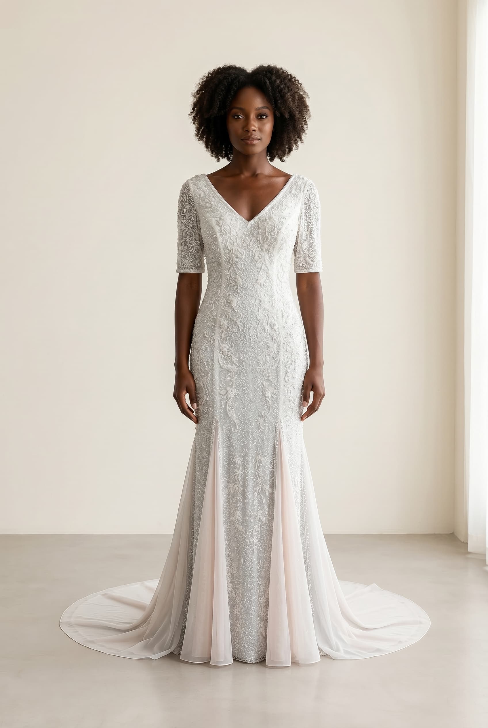 The Isabella Beaded Chapel worn by a model