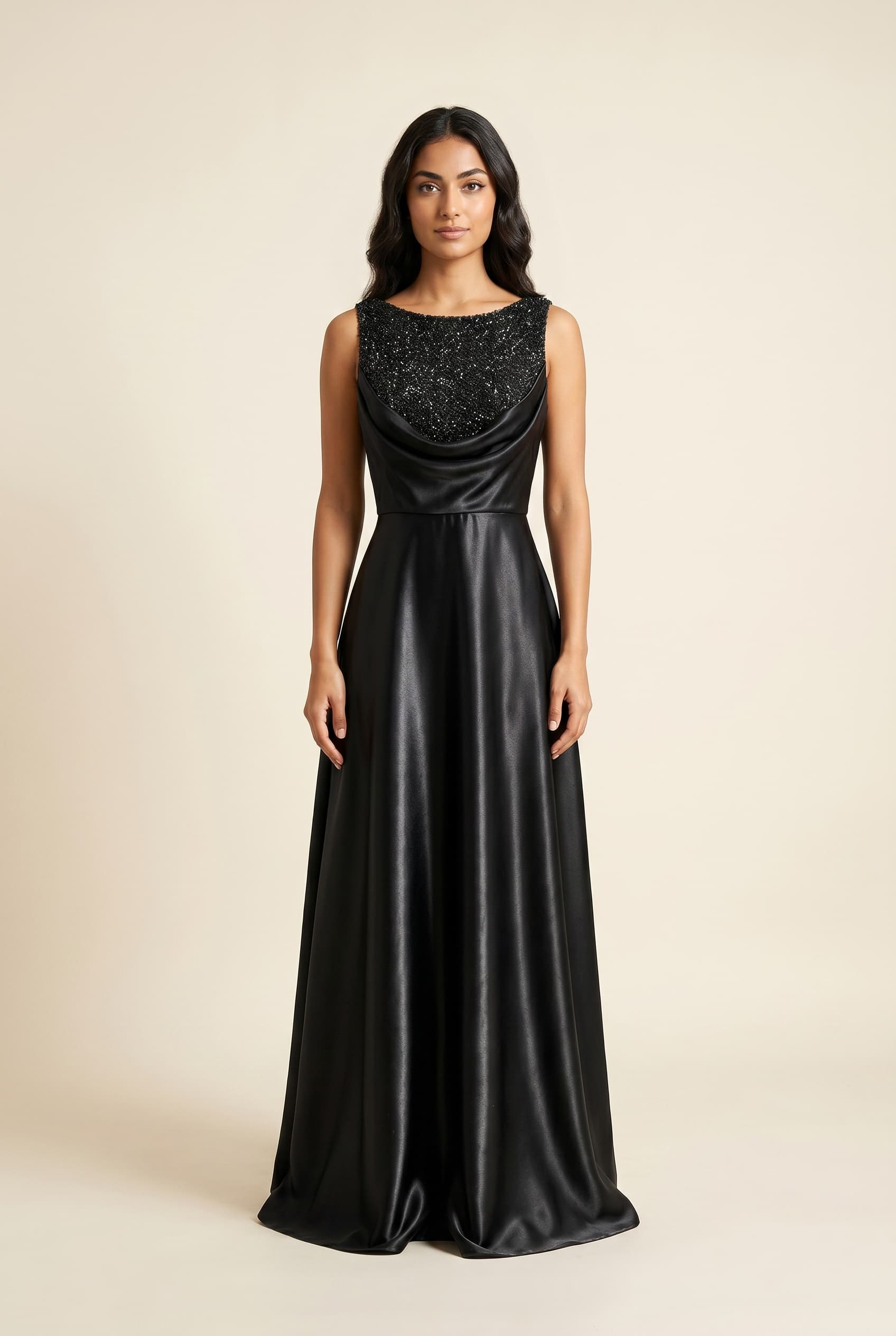 The Celestia Embellished Charmeuse worn by a model