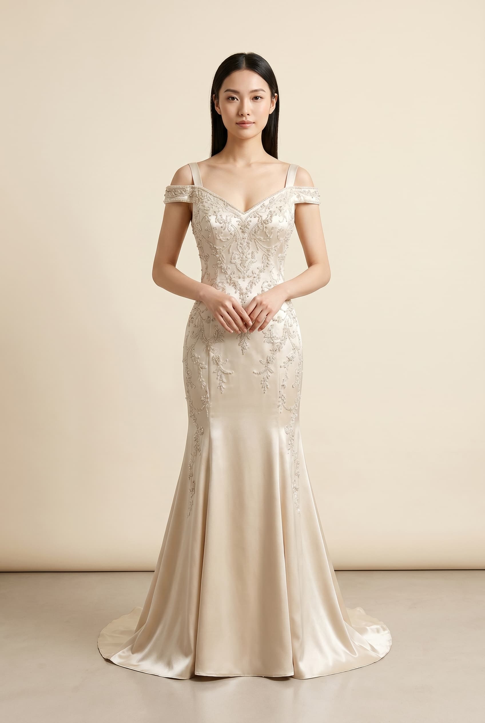 The Anastasia Beaded Silk Charmeuse worn by a model