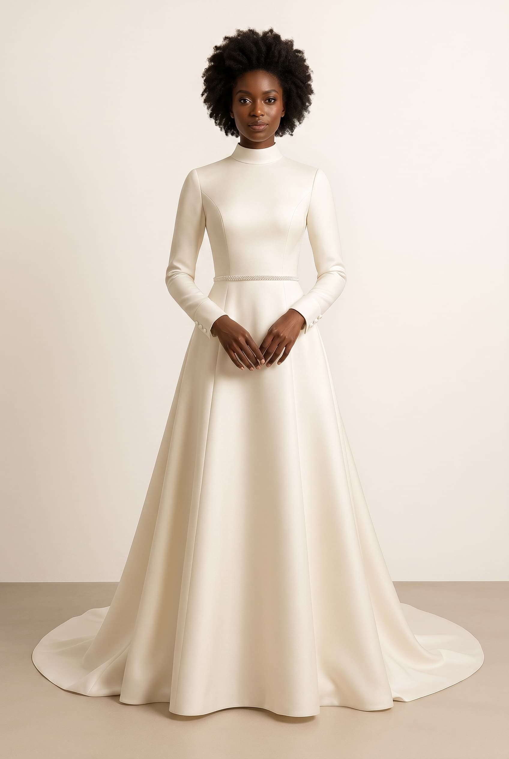 The Genevieve Ivory Mock Neck Wedding worn by a model