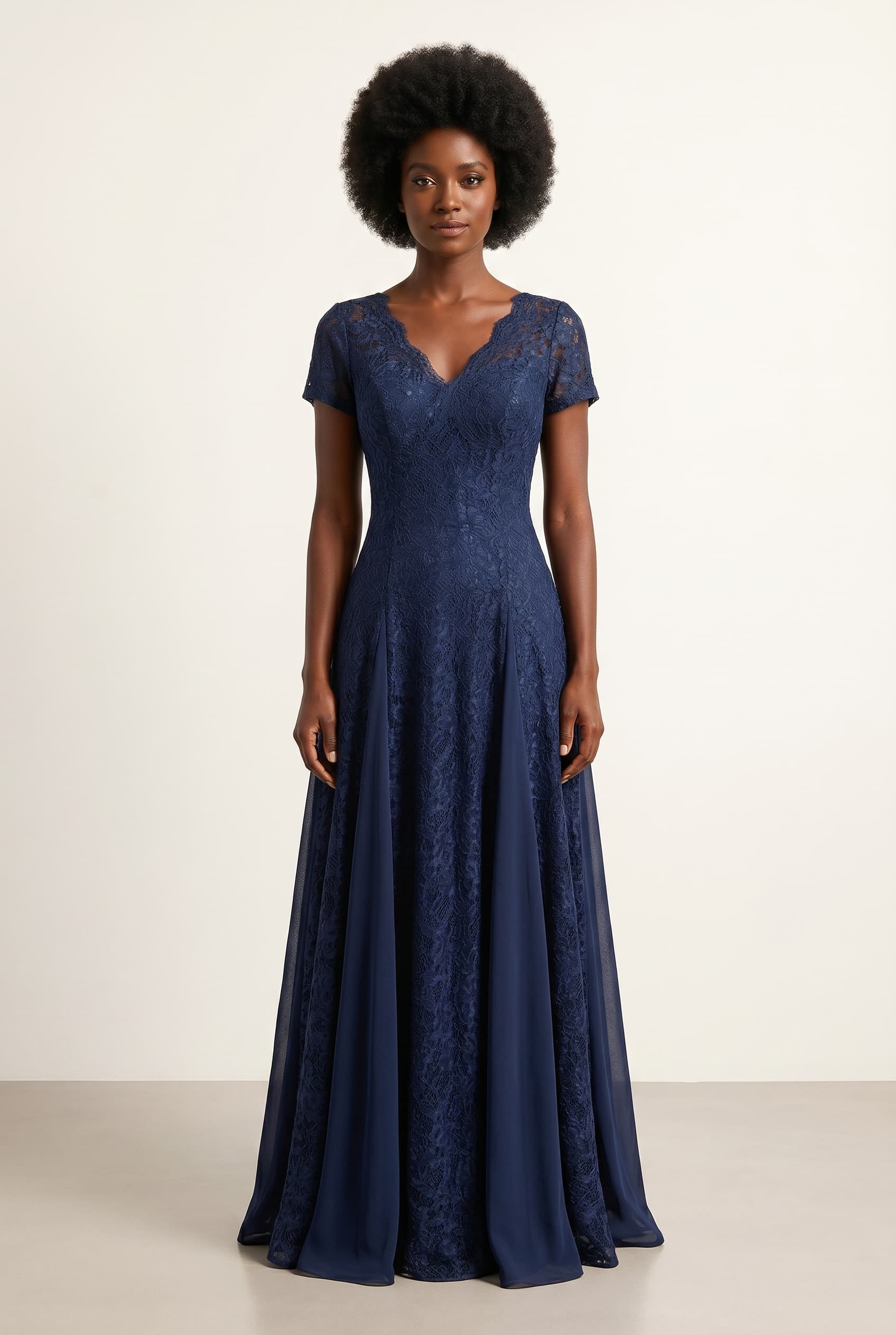 The Seraphina Chiffon Lace worn by a model