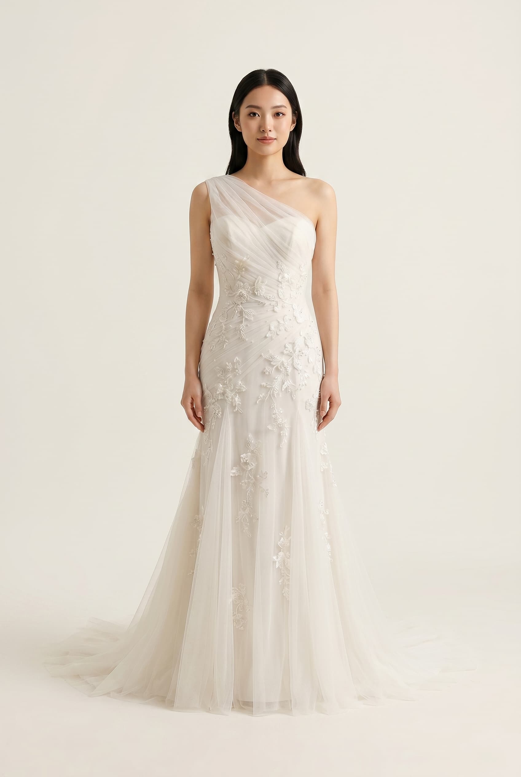 The Celestia Tulle Chapel Train worn by a model