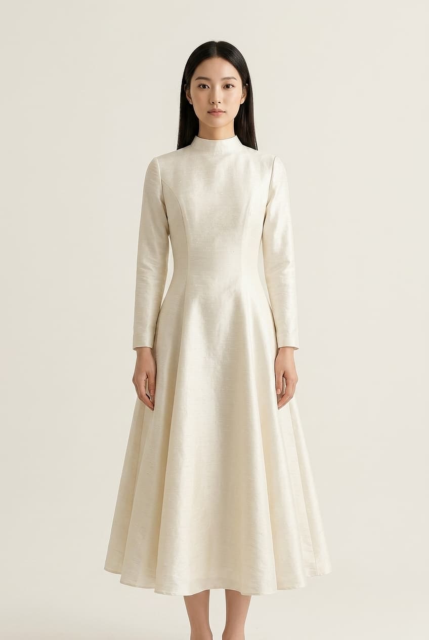 The Seraphina Dupioni High Neck worn by a model