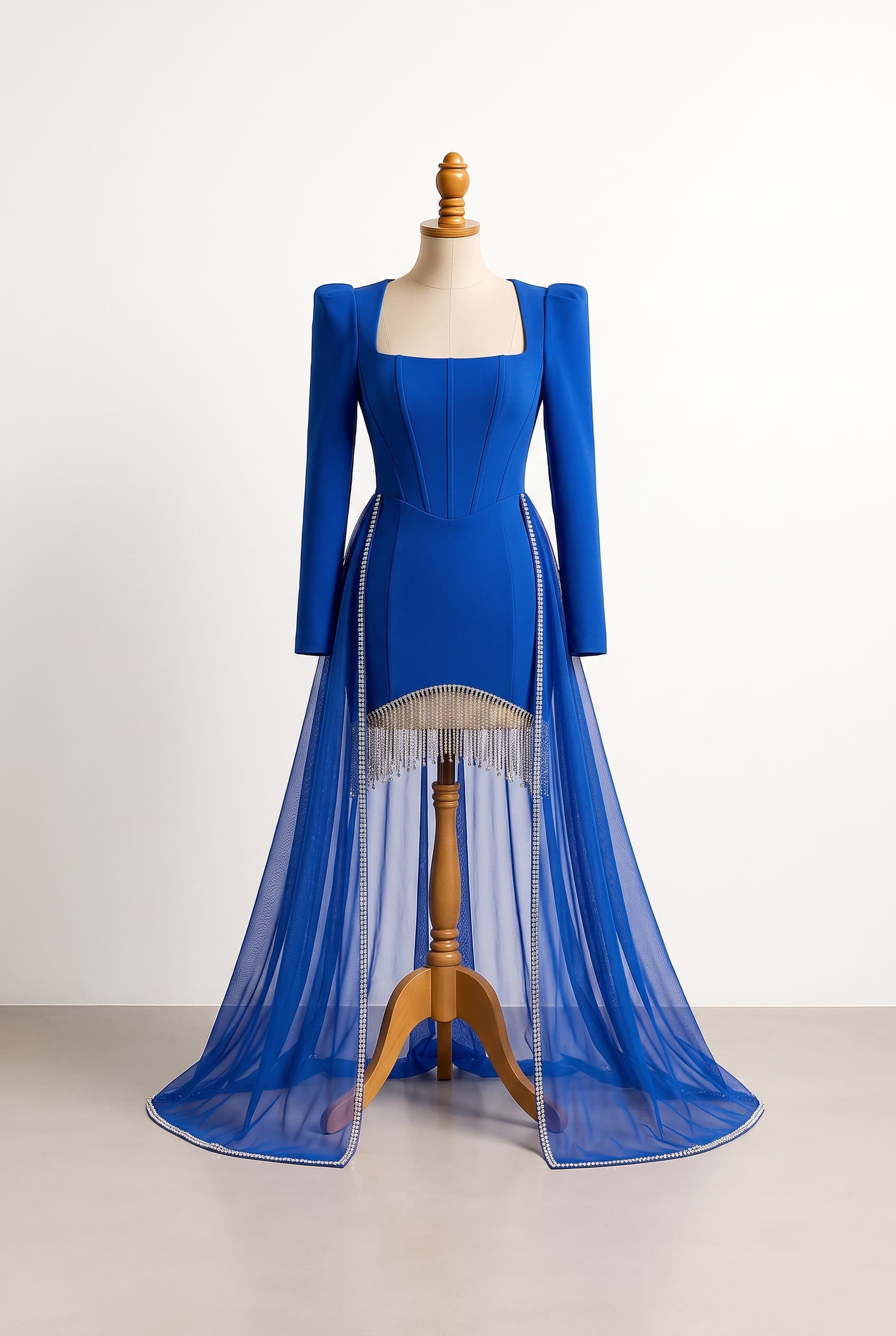 A performance-ready couture mini dress with a structured corset bodice, crystal fringe, strong shoulders, and a flowing overskirt that can be removed mid-show; softer volume, graceful proportion, and a more romantic formal mood