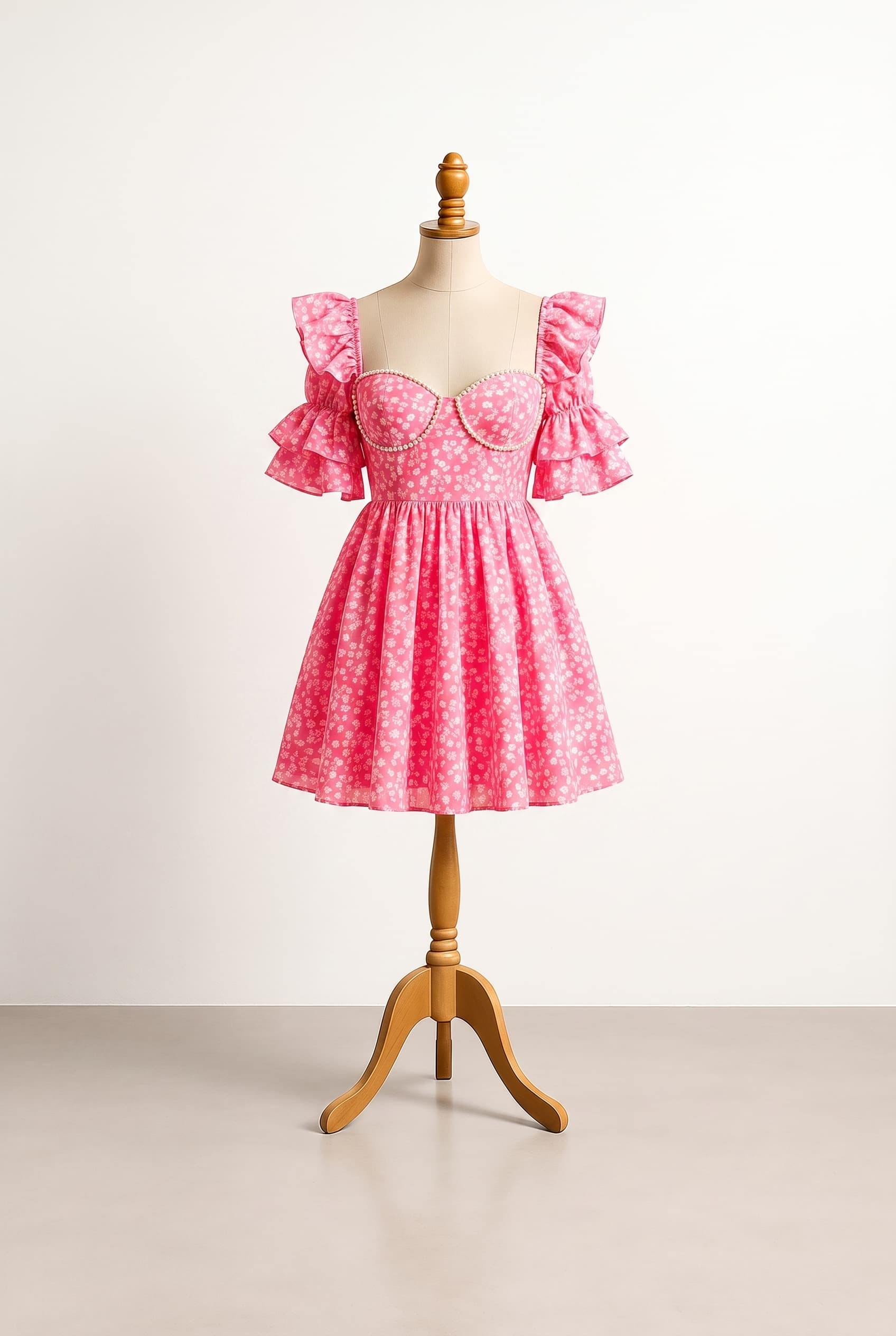Balanced homecoming dress in neon pink with white flowers, babydoll silhouette, mini length, no tight or clingy fit, featuring shorter ruffle sleeves and pearls strictly on the very top edge of the cups.