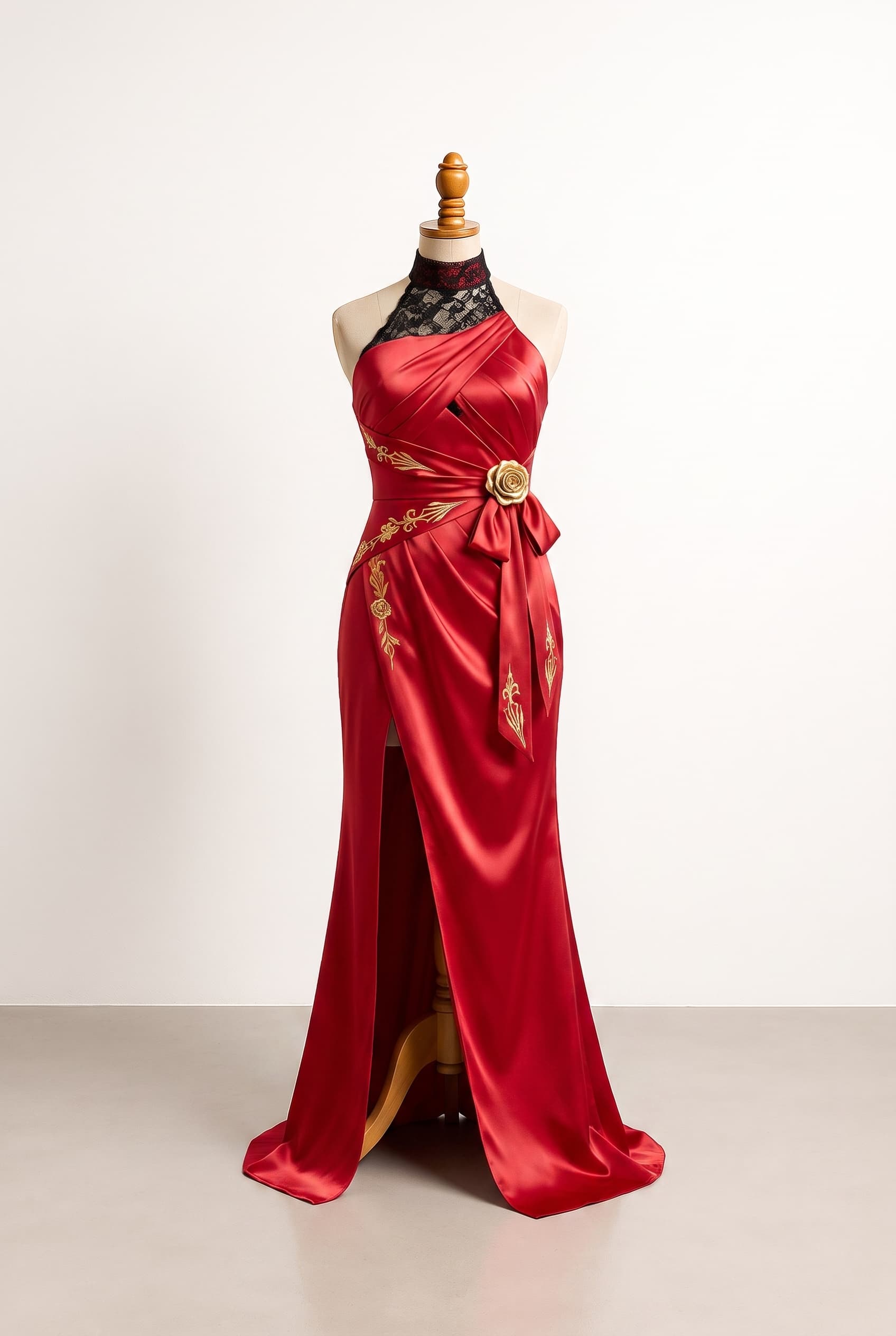 Upload dress for an polished custom setting, keeping lace halter/choker neckline, left slit, and satin fabric; clean front line, elegant movement, and refined restraint
