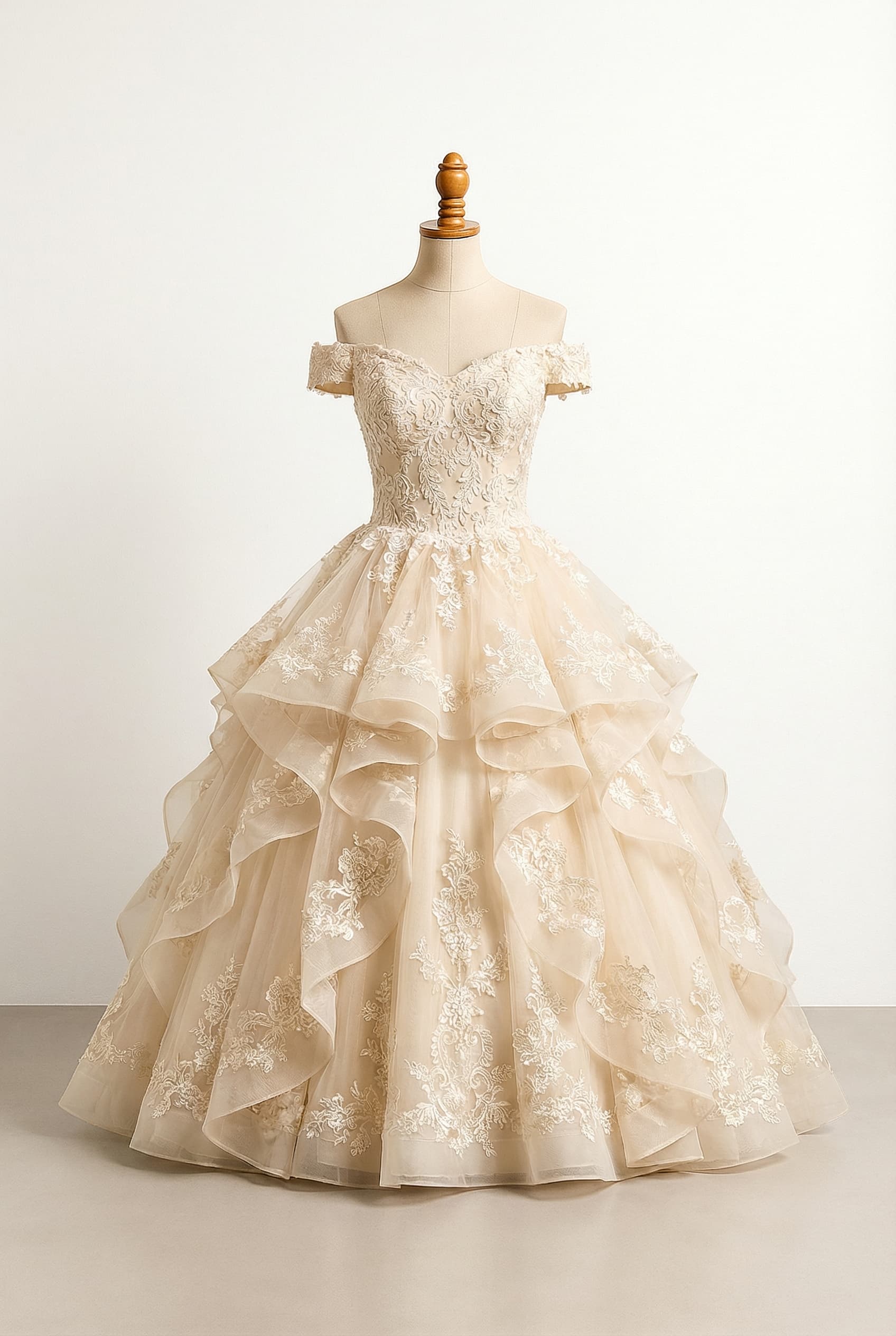 Off the shoulder champagne ball gown with lace appligues and ruffles.