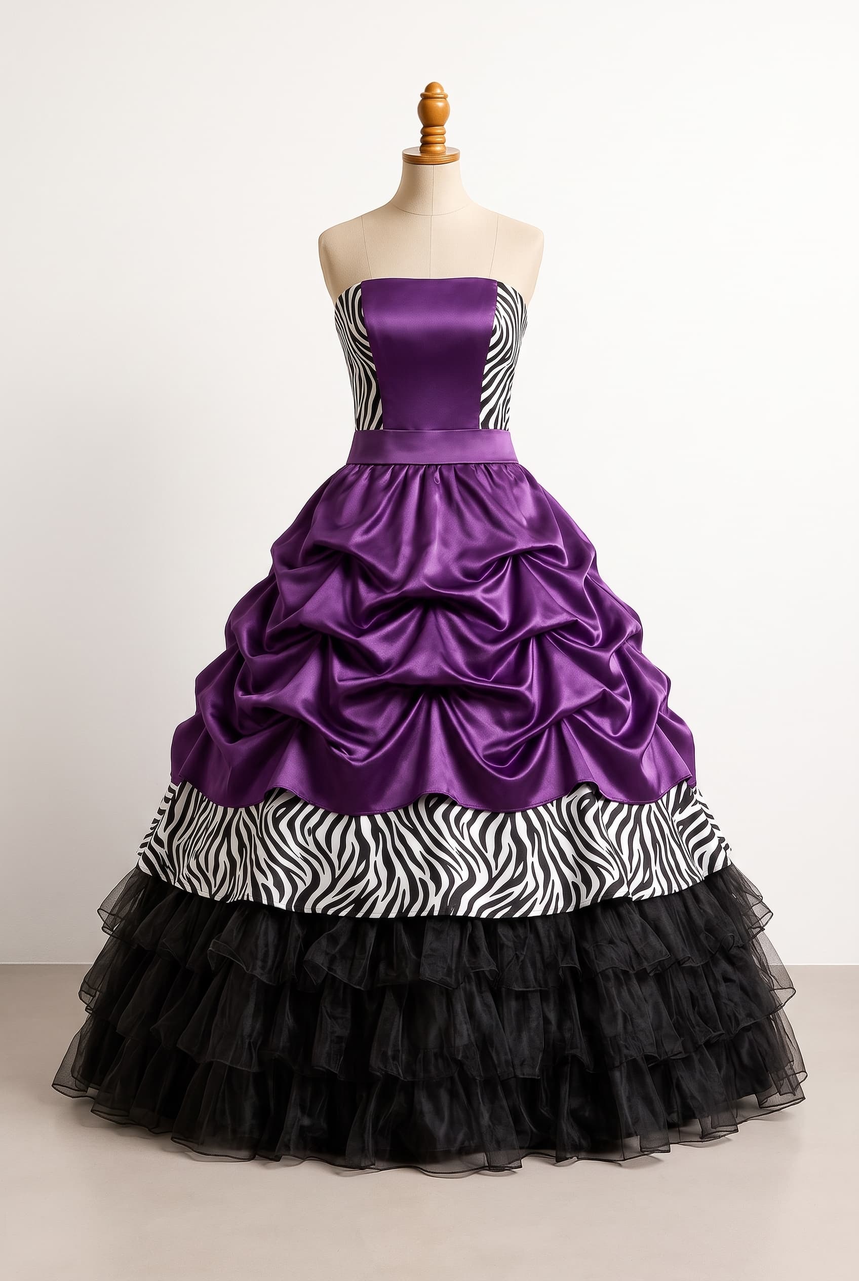 A striking quinceañera ball gown with a rich purple satin fitted strapless bodice, bold black-and-white zebra-print panels, a smooth purple satin waistband, a voluminous ruched purple satin skirt, a wide zebra-print skirt band, and a full ruffled black tulle bottom layer for gothic elegance