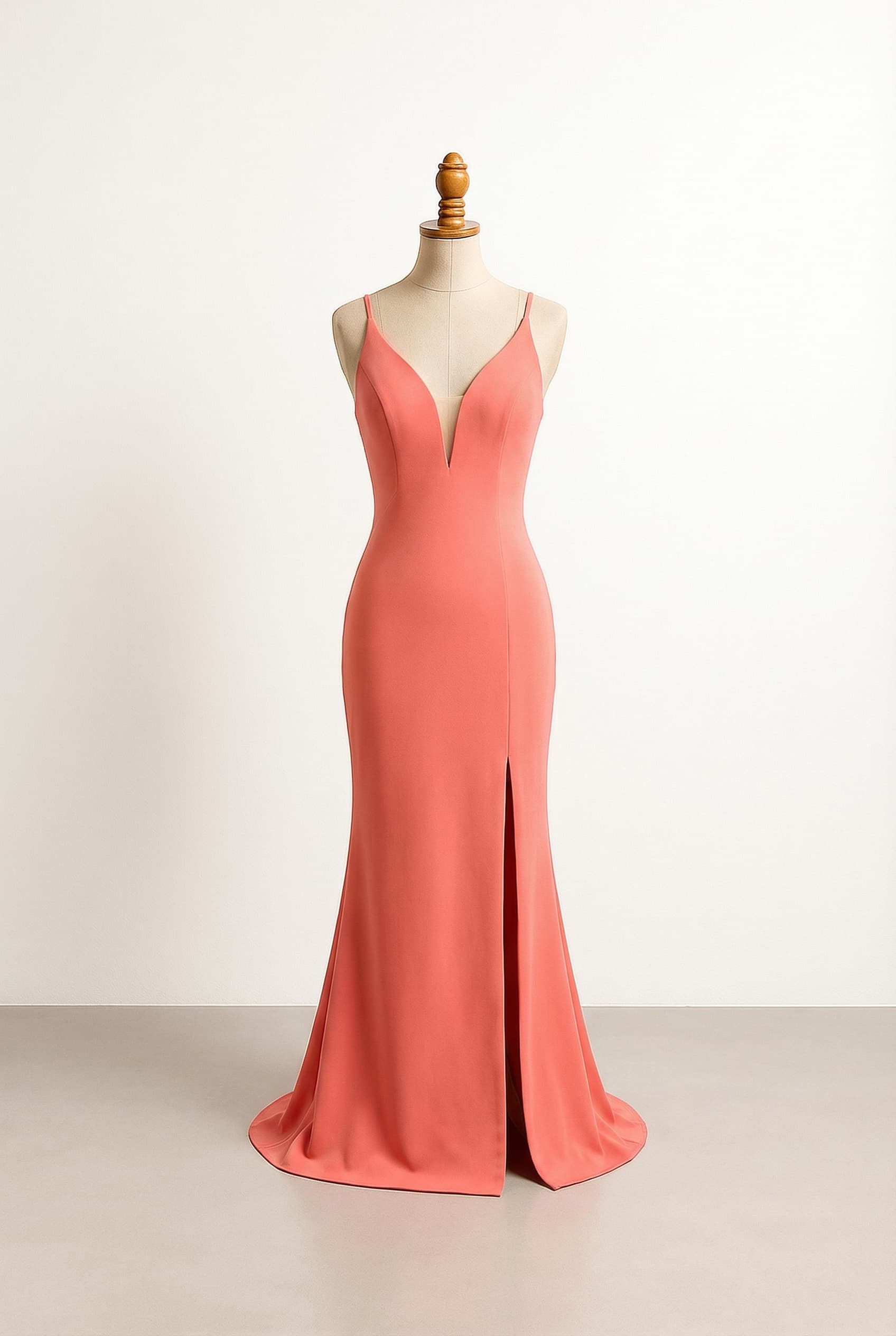 Coral prom dress with a slit long dress and a tight basic regular bottom and Plunge neckline and spaghetti straps