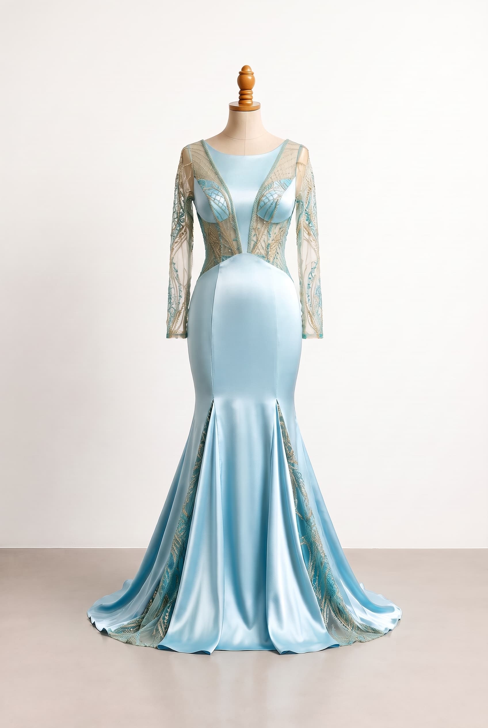 Revealing prom dress in a mermaid silhouette, light blue satin with turquoise-and-gold mesh detailing, using both fabrics clearly in the design