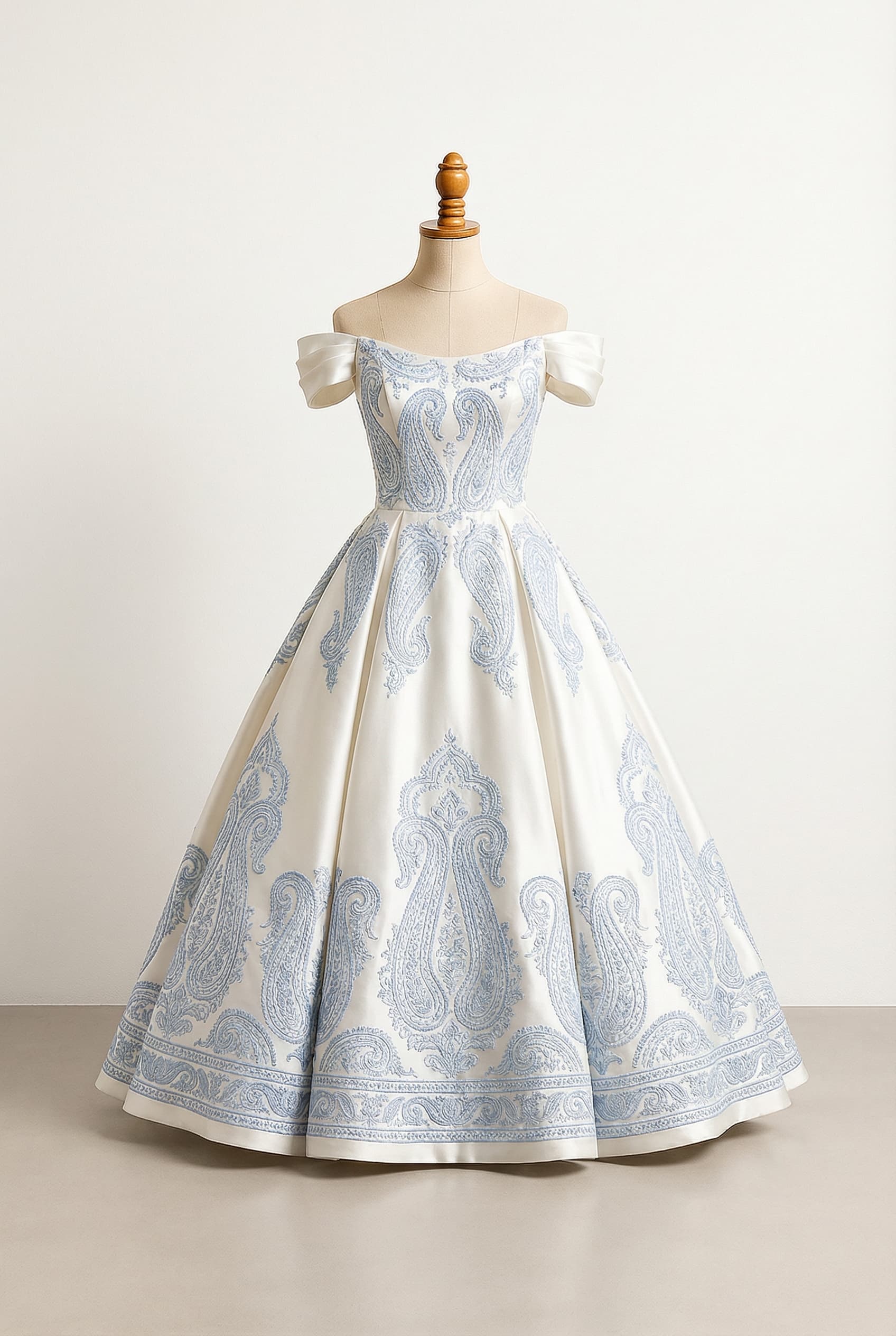 A romantic wedding dress with elegant details, featuring embroidered powder blue paisley print (non-teardrop design) with borders, concentrated on the bodice and then gracefully cascading down specific, central sections of the voluminous skirt, perhaps intensifying towards the hem, evoking a soft & flowing or luxurious & opulent feel.