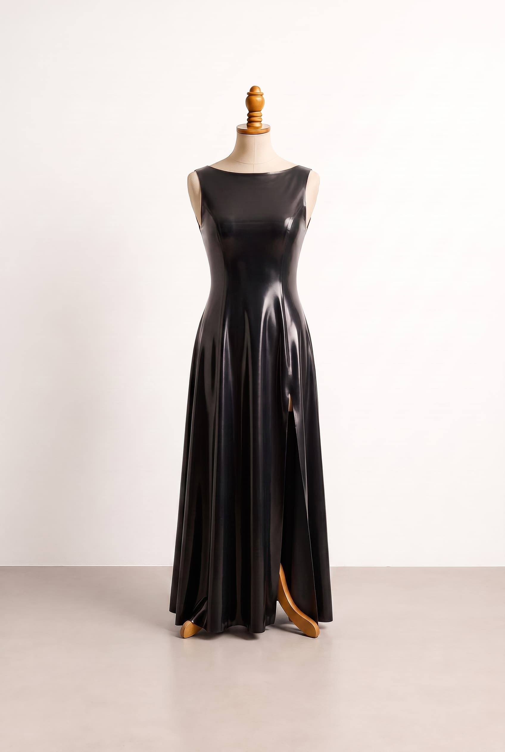 Latex dress; softer volume, graceful proportion, and a more romantic formal mood; emphasize airy, graceful movement