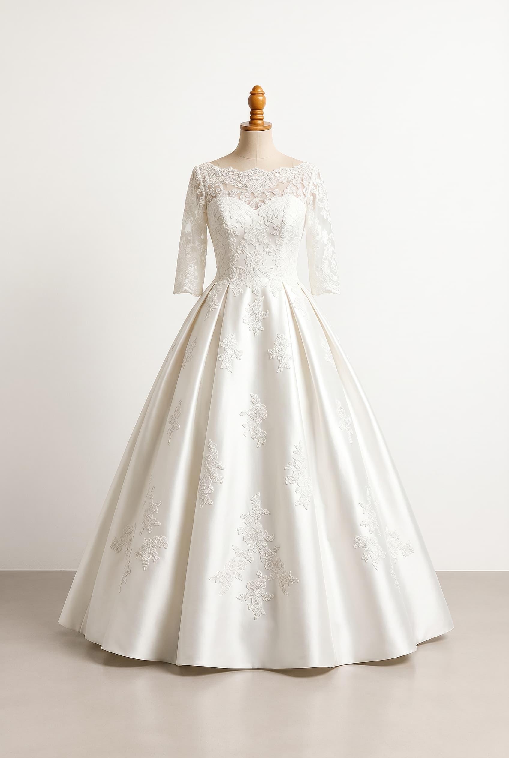 I want a balanced wedding dress, Balanced wedding dress, satin ballgown with pleated skirt, lace appliqués on the skirt, lace bodice with boatneck neckline, three-quarter length sleeves