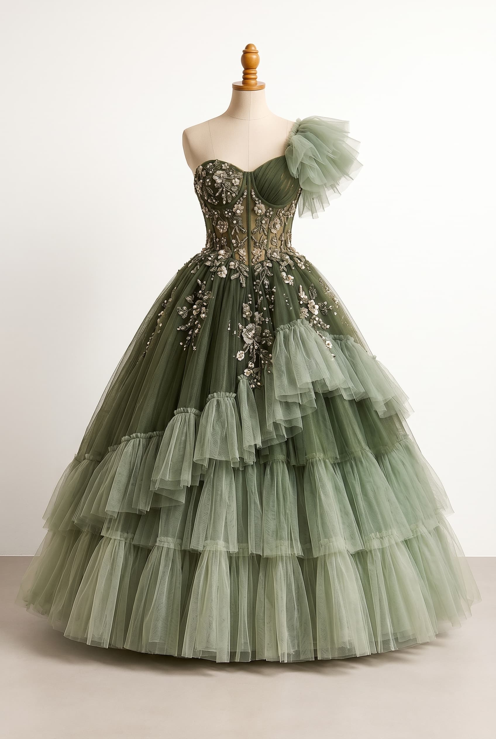 Revealing Cinderella-style prom dress featuring deep army green to sage green ombre with volume and heavy ruffle layers, a floral design, sparkling beaded details on a fitted corset bodice lined with deep dusty gold, and one off-shoulder ruffle sleeve