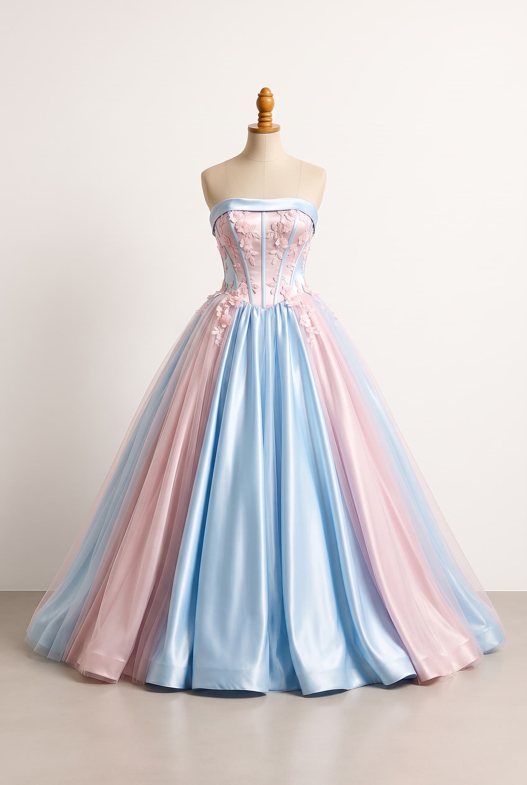A romantic strapless ballgown in a baby blue and soft blush pink palette, with a fitted corset bodice, subtle pink floral appliqué, and a full layered skirt