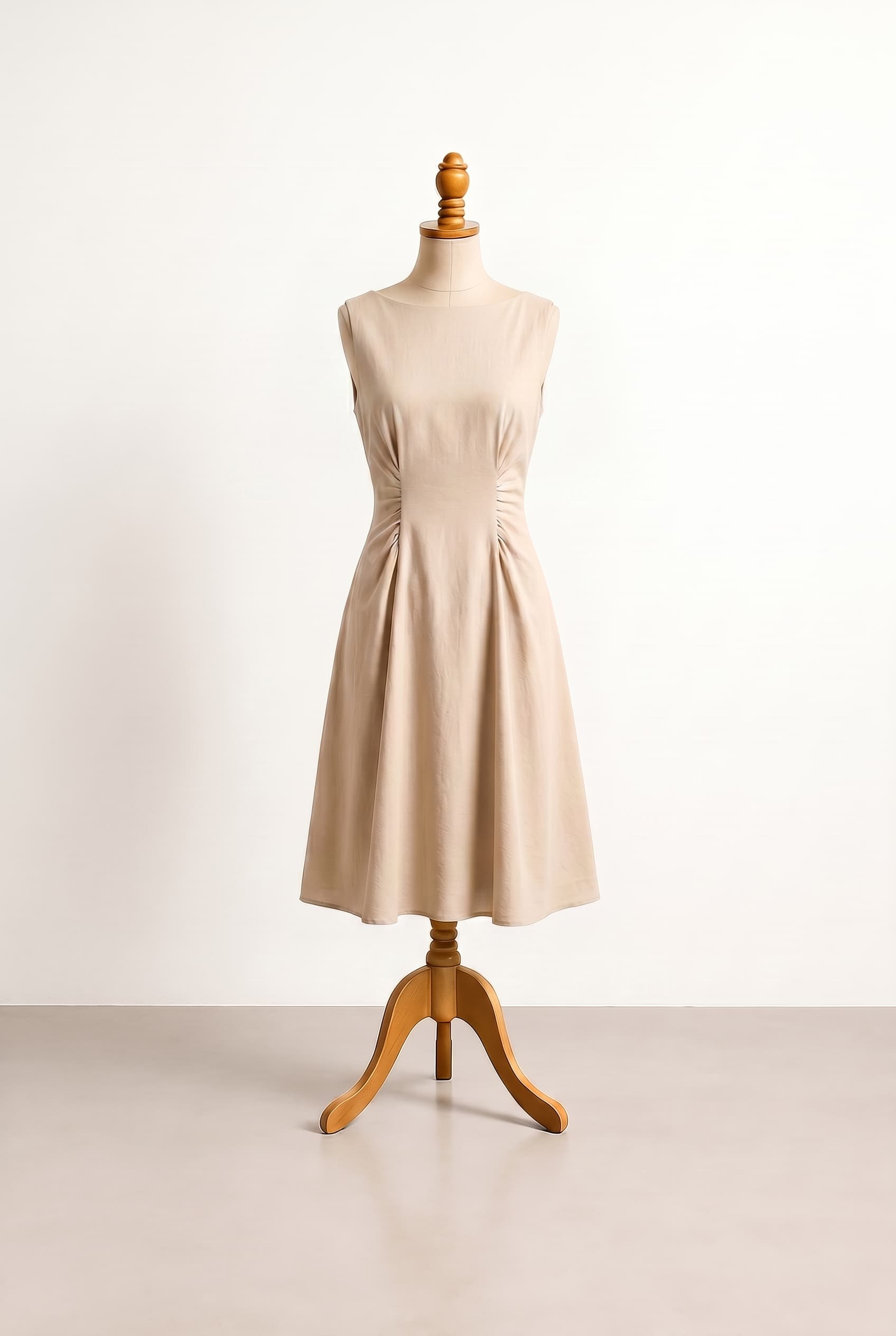 Balanced wedding dress for a mother of the bride, suitable for summer, made of natural fibers with gathering detail, flowy, sleeveless, knee-length, boat neckline