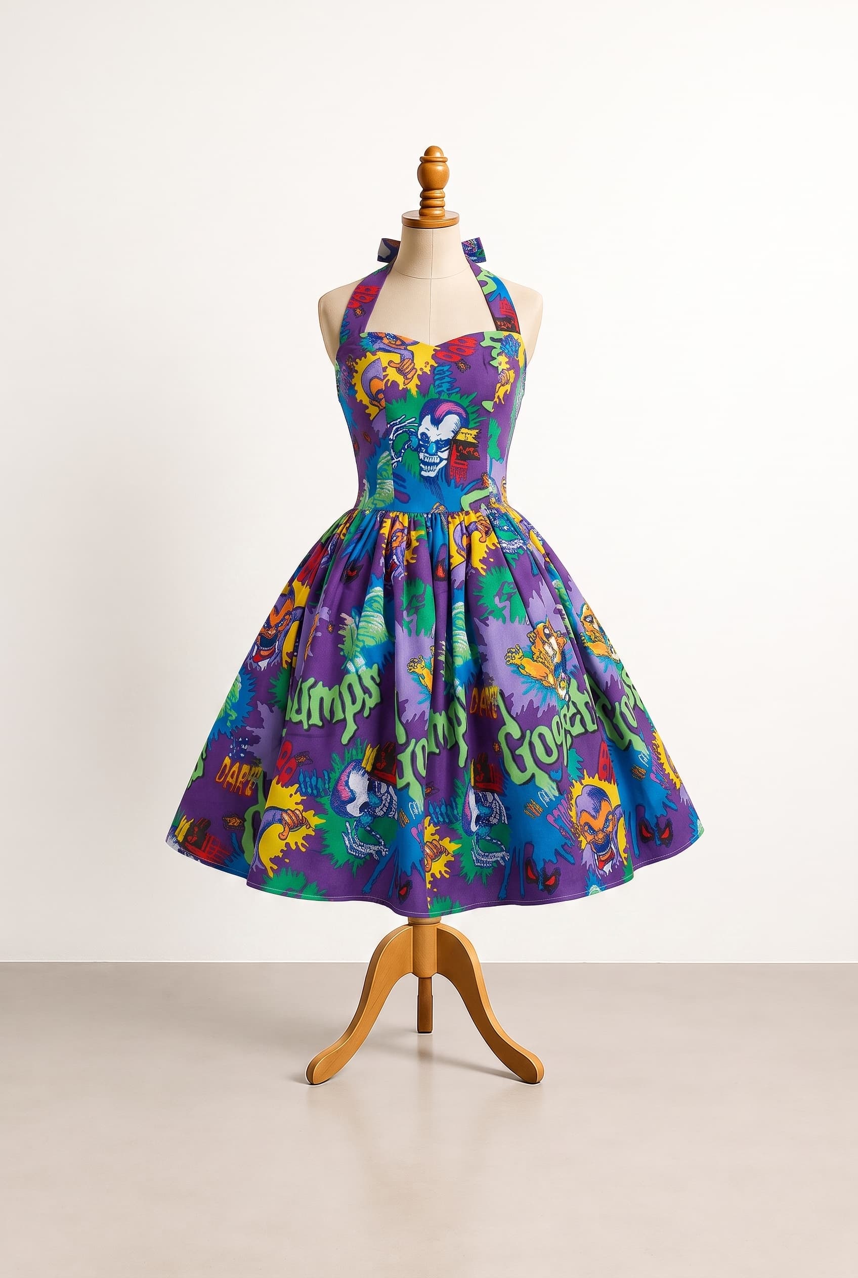 Review the attached front design image. Briefly describe what you see (color, silhouette, neckline, sleeves, length) and ask if the user wants changes or wants to move to back design