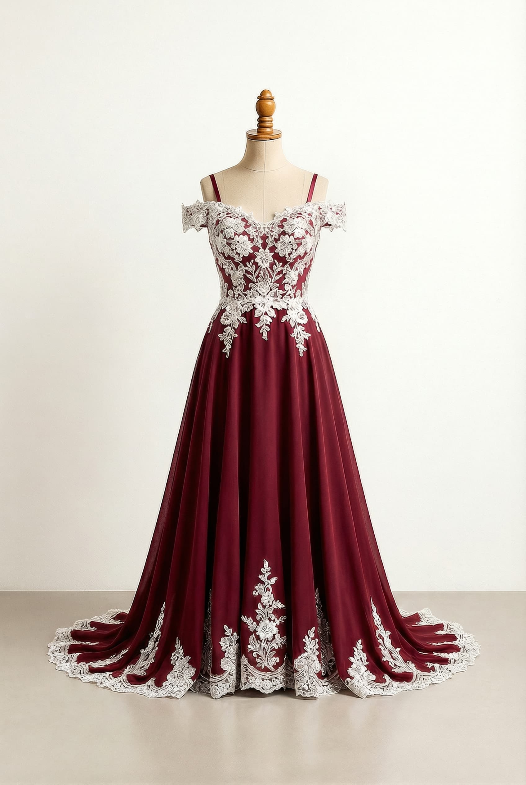 A maroon color wedding dress with white