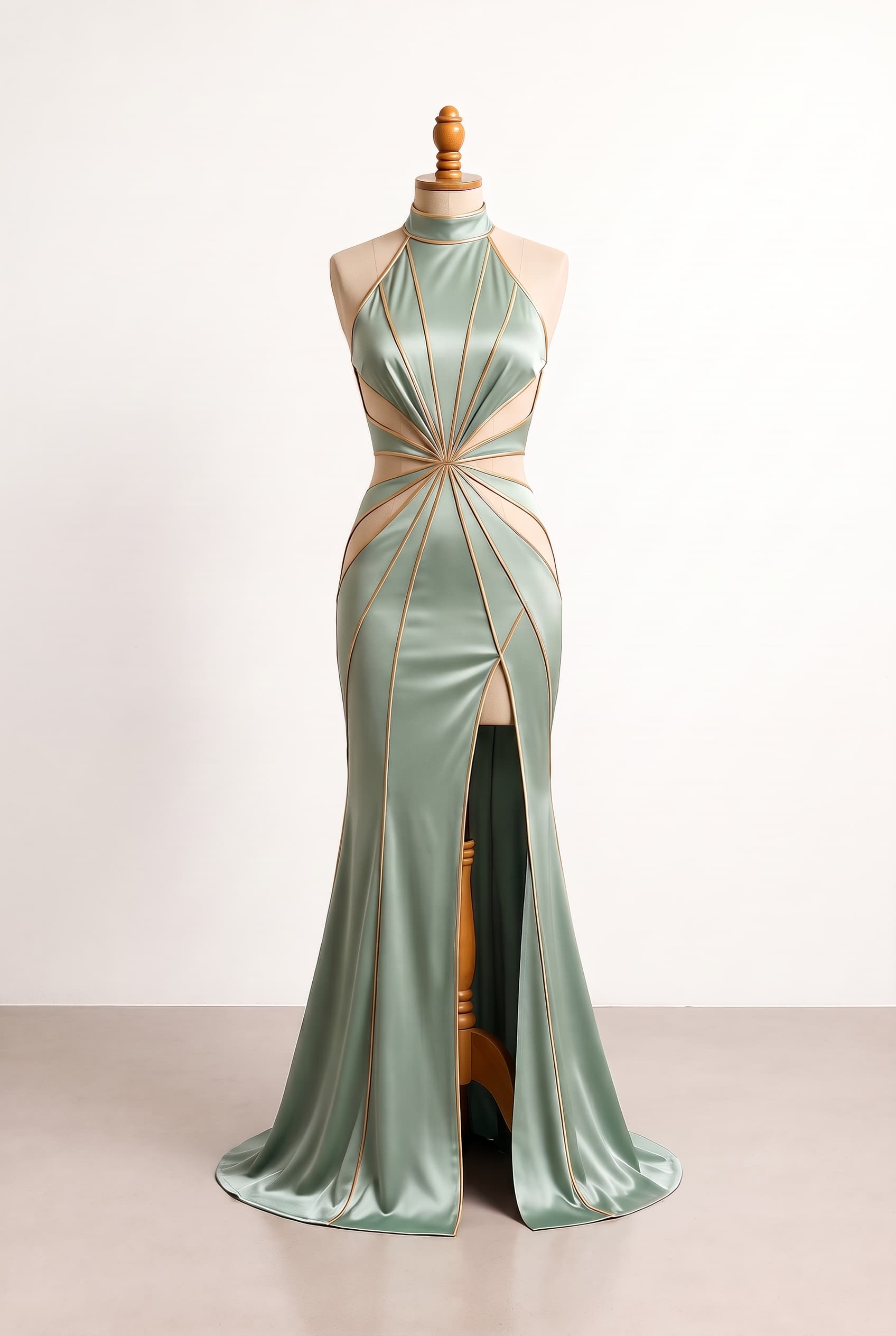A glamorous floor-length sage green gown inspired by the reference, with a fitted mermaid silhouette, natural waist, sleeveless halter neckline with a high neck band, smooth satin, gold piping, geometric cutouts, radiating seam lines, and a high thigh slit; sensual but polished; Luminous crystal radiance