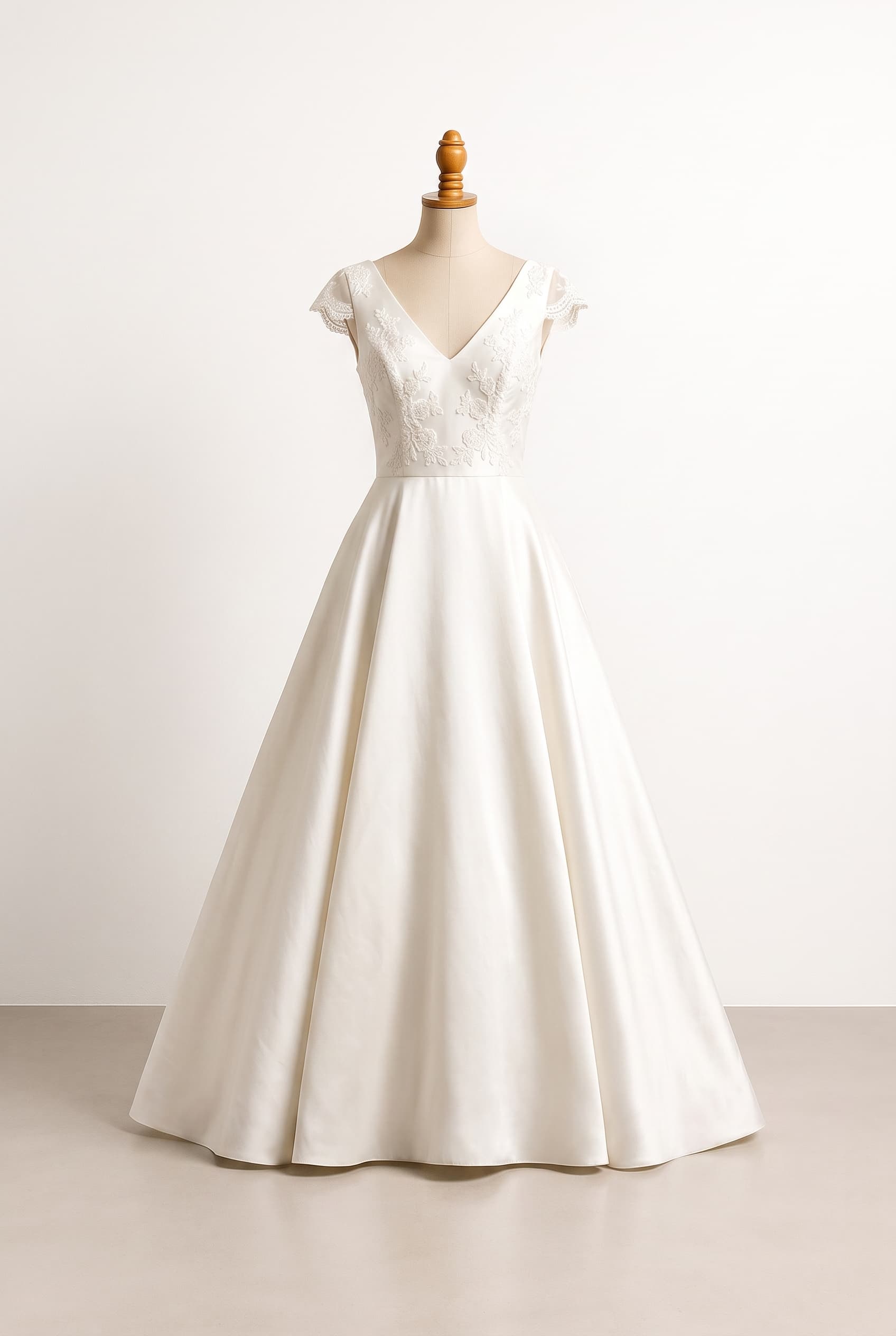 A balanced romantic wedding gown combining a fitted structured bodice with a softly full skirt, elegant rather than oversized, I want a balanced wedding dress