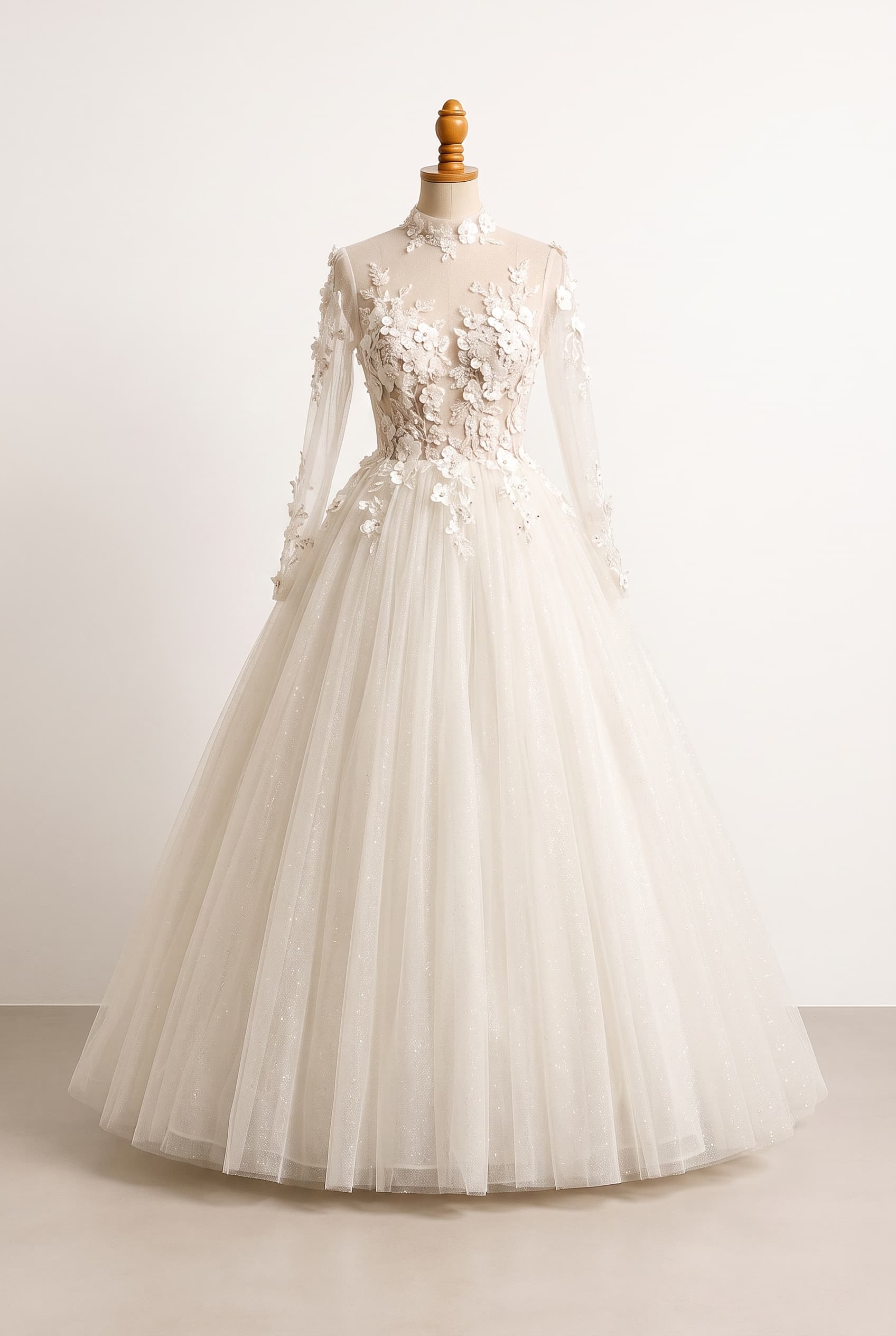 Modest princess ballgown in soft glitter tulle, featuring delicate 3D floral appliques cascading down the bodice and long sheer sleeves; Review the attached front design image. Briefly describe what you see (color, silhouette, neckline, sleeves, length) and ask if the user wants changes or wants to move to back design; show me front oppesa; Modest princess ballgown with a sweetheart illusion neckline, 3D cascading florals, and long sheer sleeves in glitter tulle; plain top to flower bottom; Modest princess ballgown in soft glitter tulle, featuring a clean, minimalist plain bodice with long sheer sleeves, transitioning to delicate 3D floral appliques cascading down the full skirt