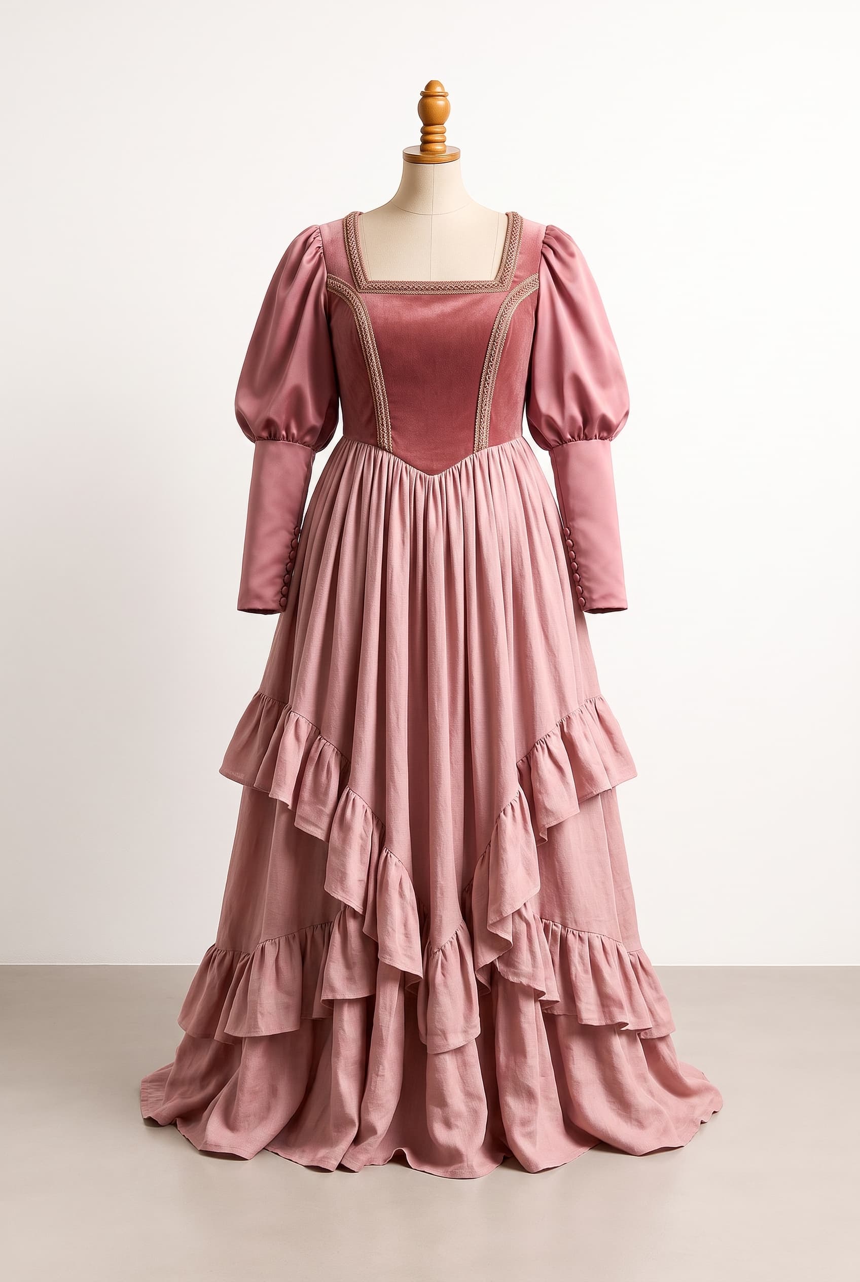 A ren faire dress in an Italian Renaissance cut with lots of soft ruffles, designed to fit a 3XL woman with a large chest, in varying shades of dusty pinks