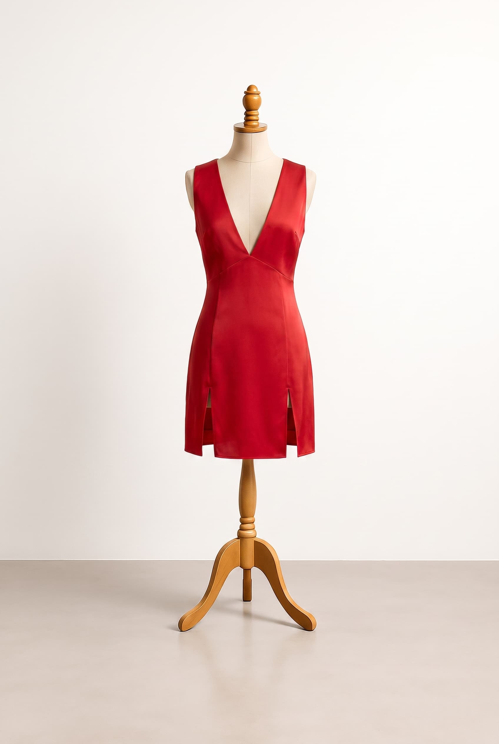 An adult red silk mini dress with a deep V neckline extending toward the bellybutton, revealing tasteful cleavage, sleeveless construction, a backless design, and two high side slits